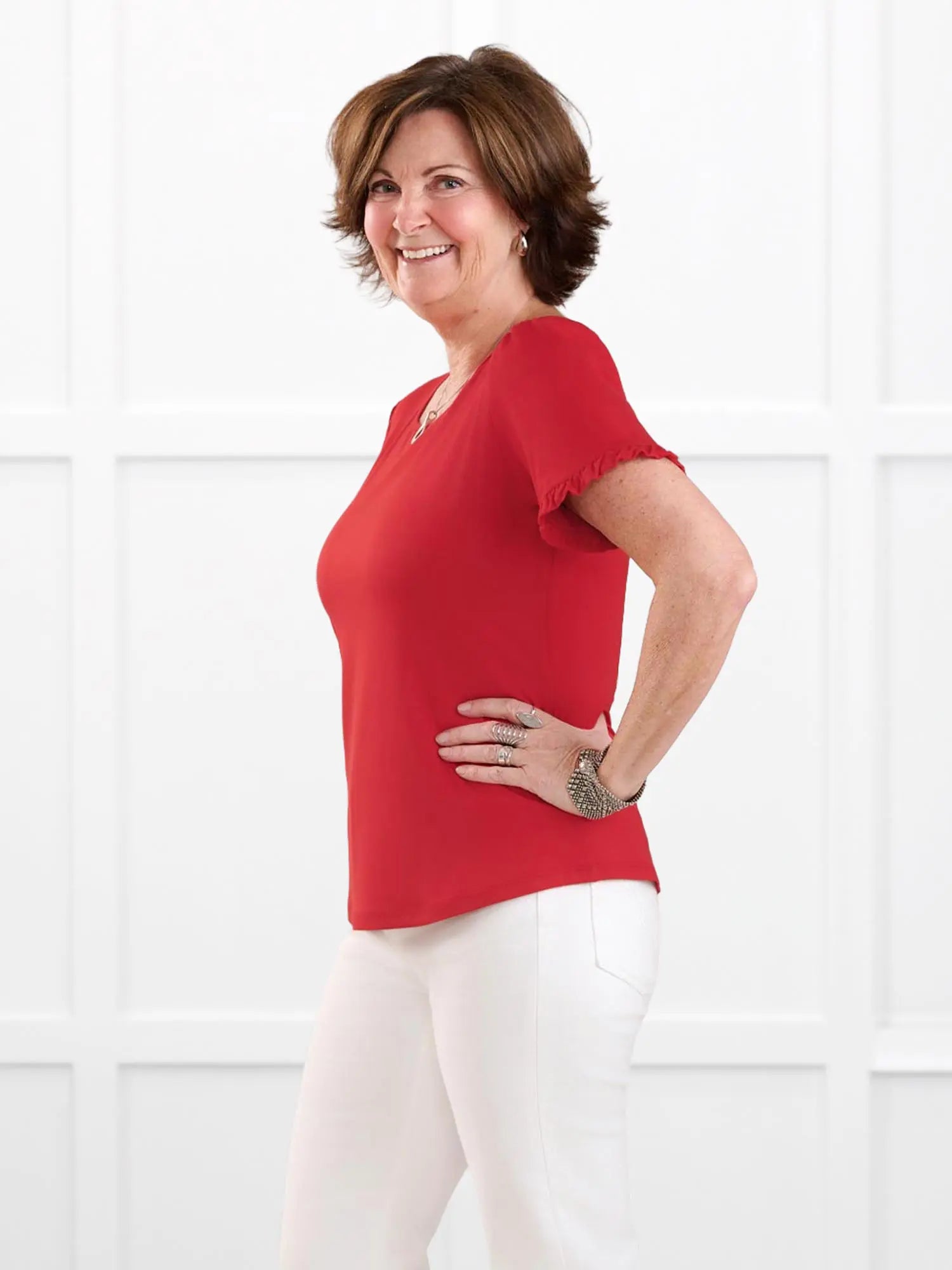 Darlene reversible neckline ruffle sleeve top for women in Chili on model Donna, size S @Donna-S