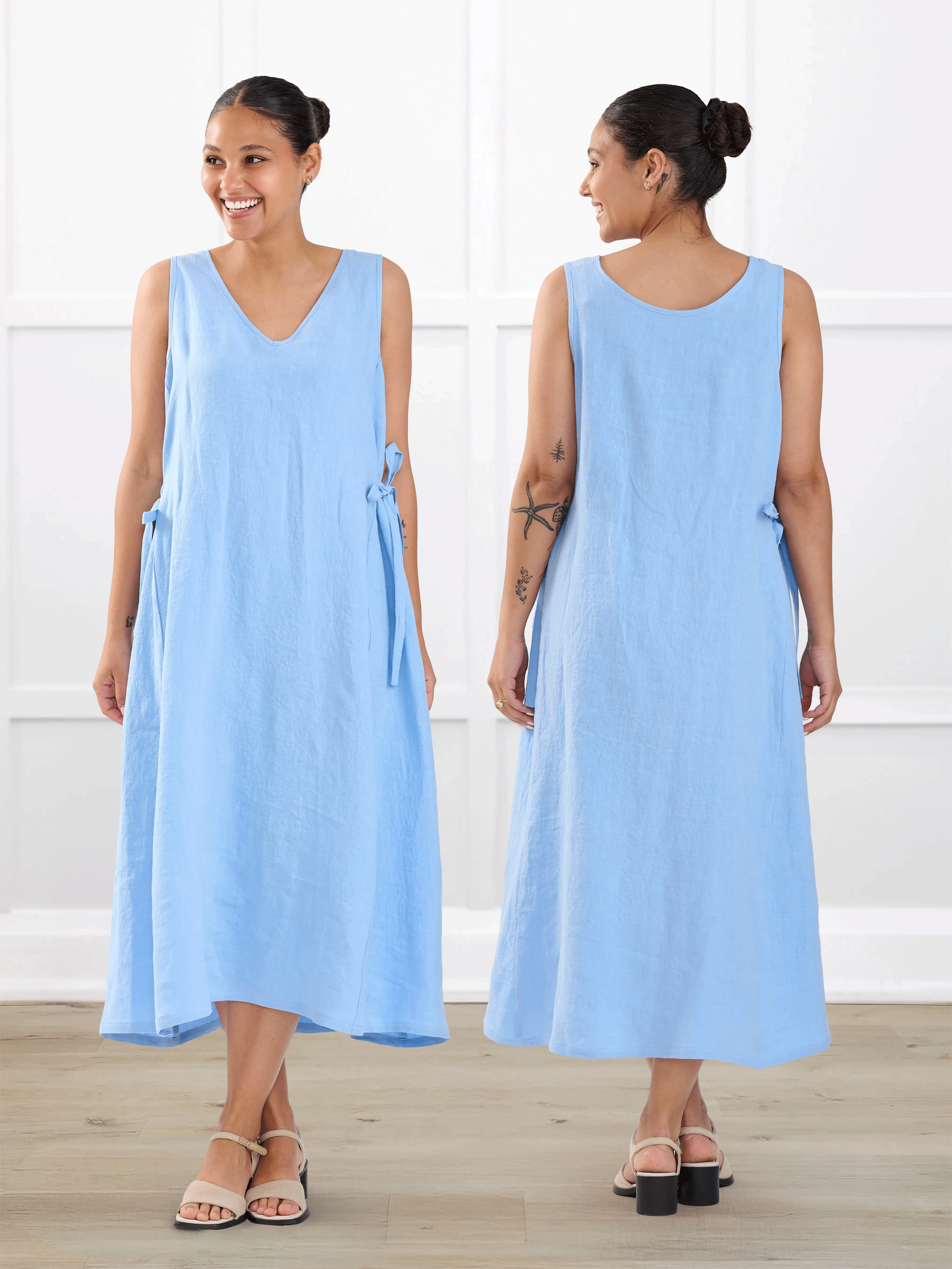 Delfina reversible neckline linen dress for women in Serene blue linen on model Meron, size XS @Meron-XS