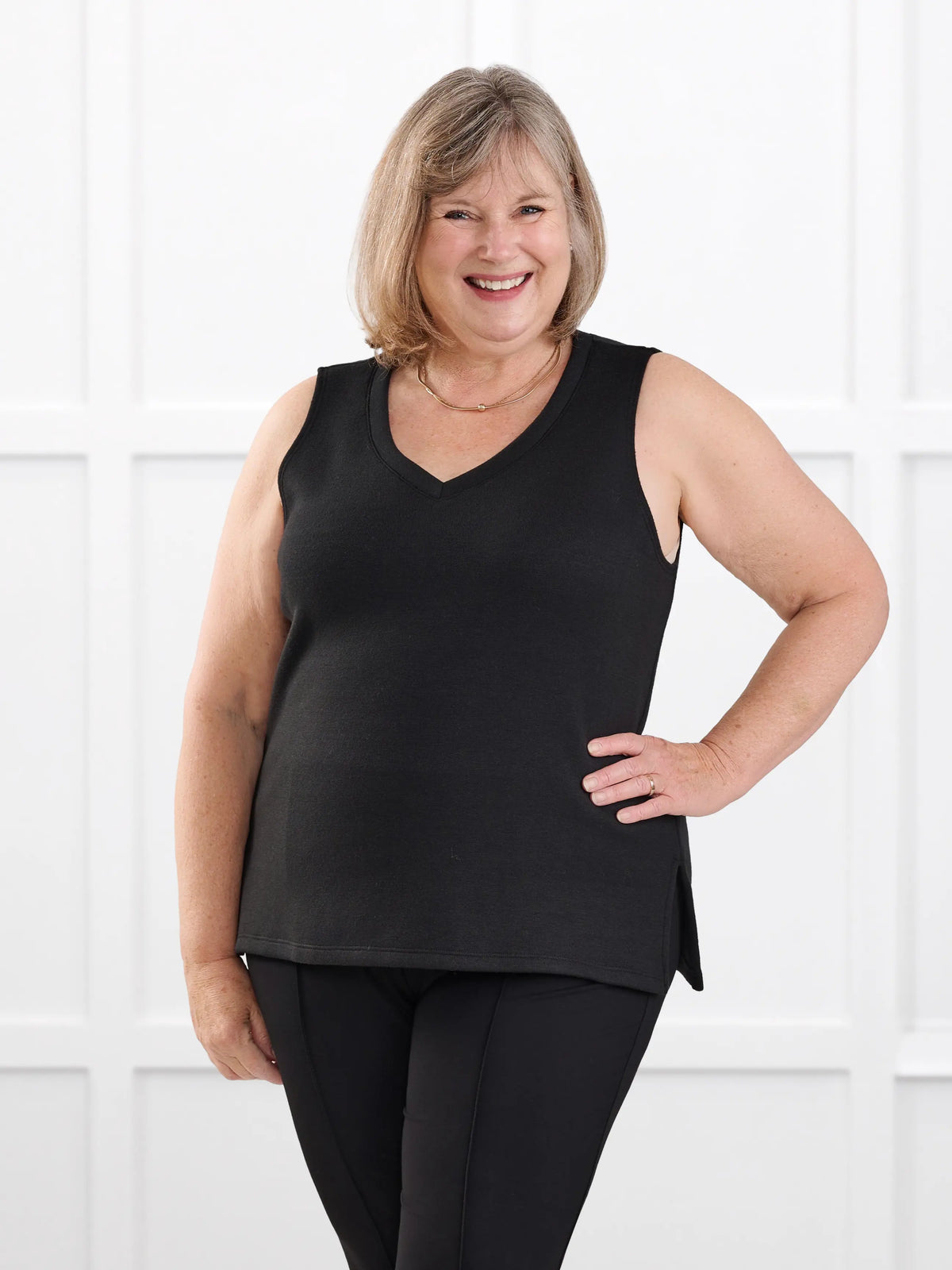 Dory v neck sweater vest for women in Black on model Laurie, size XXL @Laurie-XXL