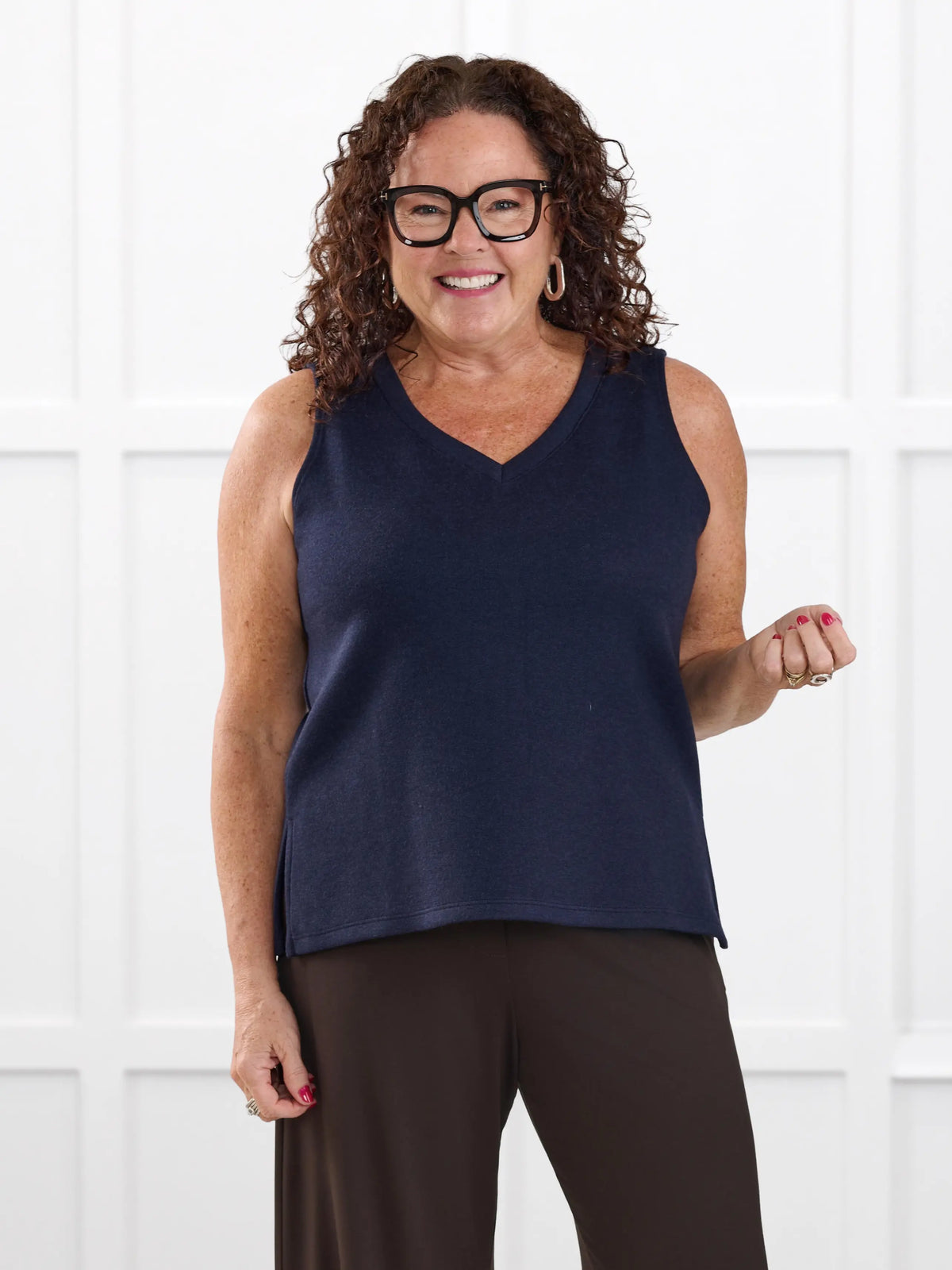 Dory v neck sweater vest for women in Dark navy on model Kerri, size M @Kerri-M