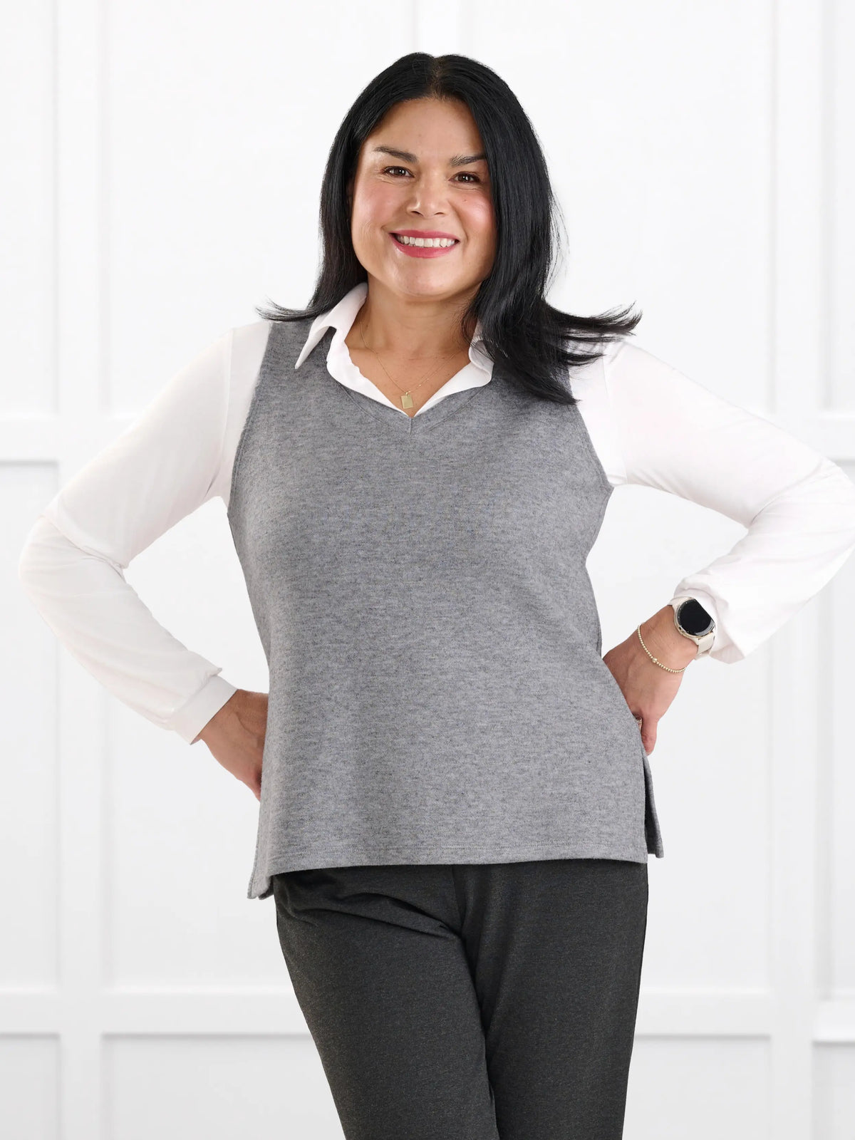 Dory v neck sweater vest for women in Heather grey on model Jenn, size M @Jenn-M