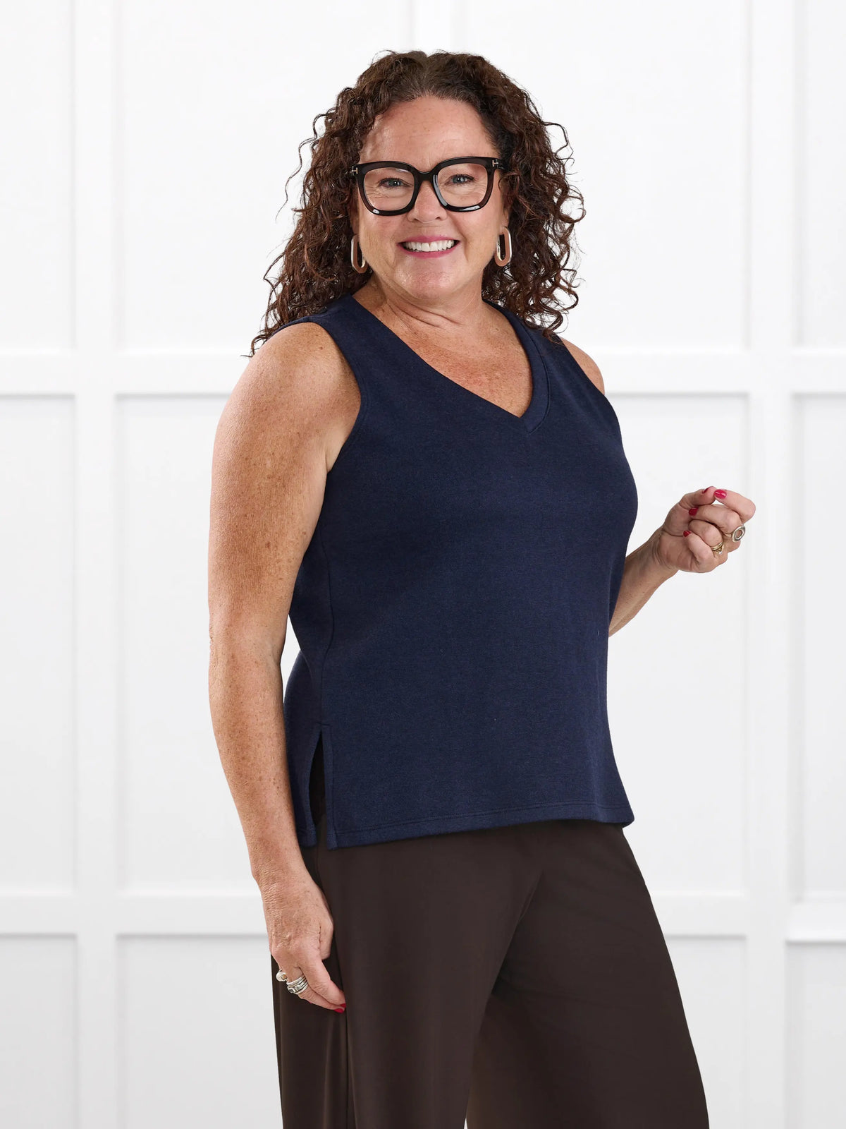 Dory v neck sweater vest for women in Dark navy on model Kerri, size M @Kerri-M