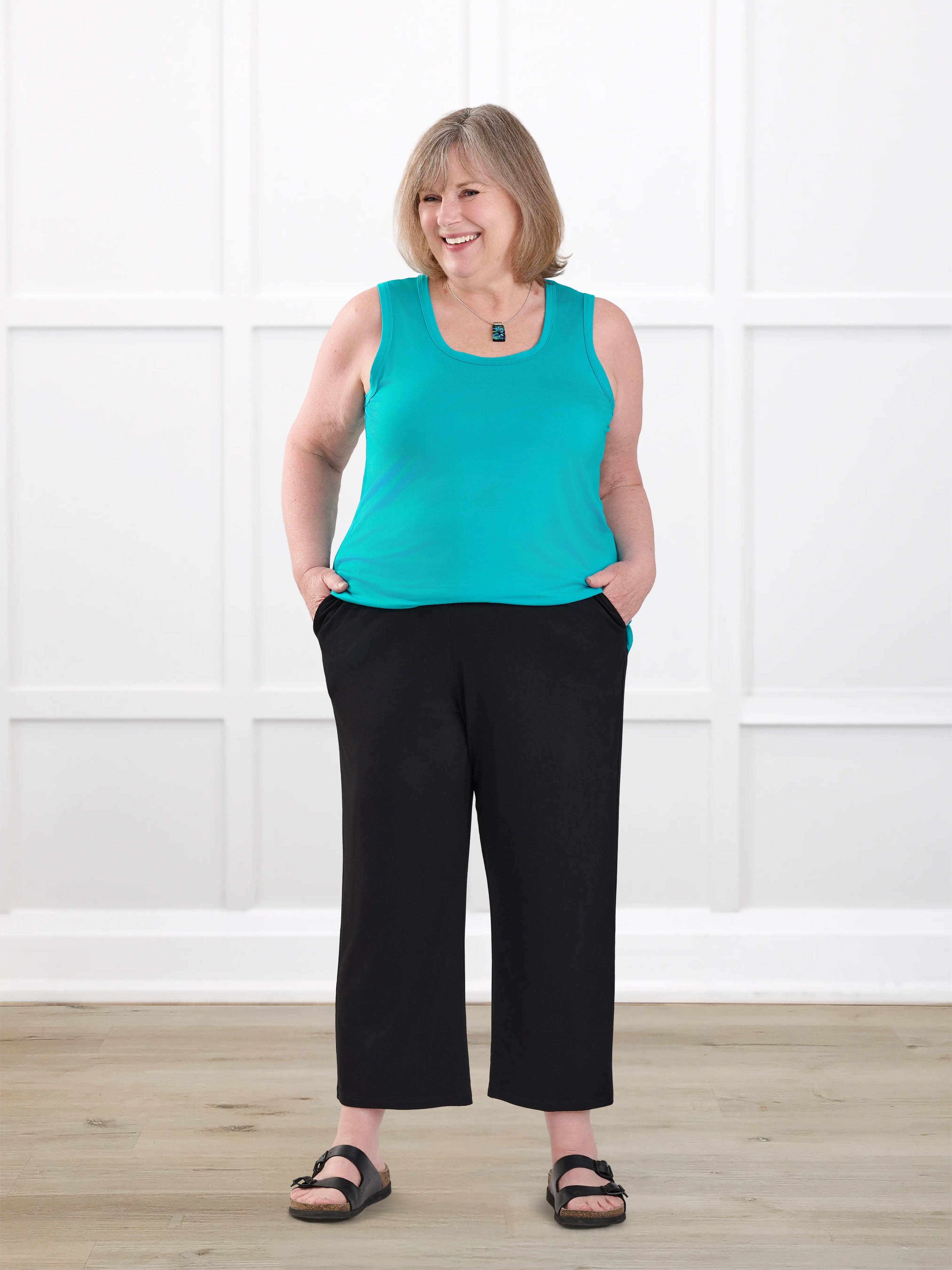 Easton pocket capri for women in Black on model Laurie, size XL @Laurie-XL