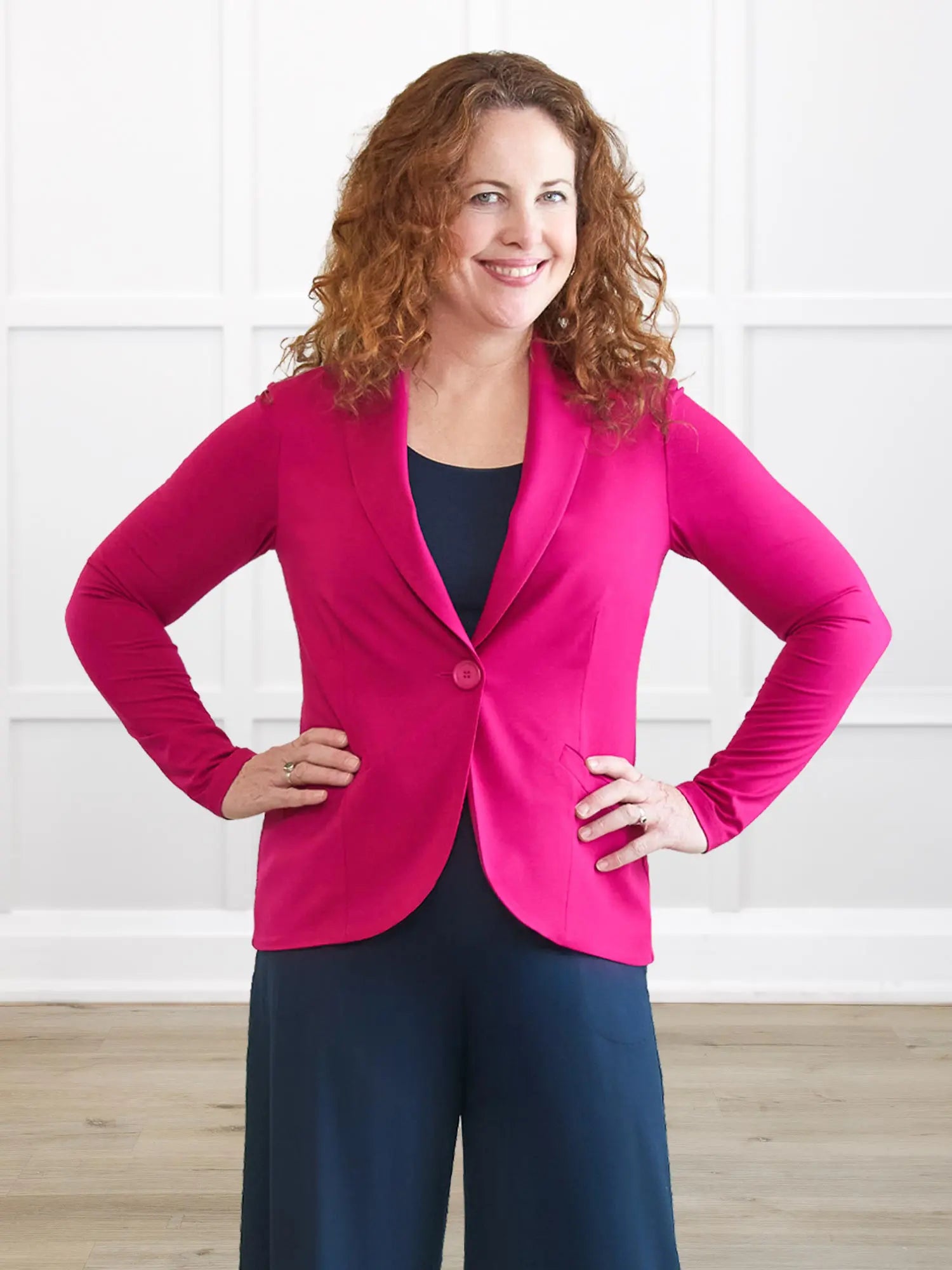 Emily soft stretchy blazer 00 in Dragon fruit on model Melanie, size M Regular @Melanie-M-regular