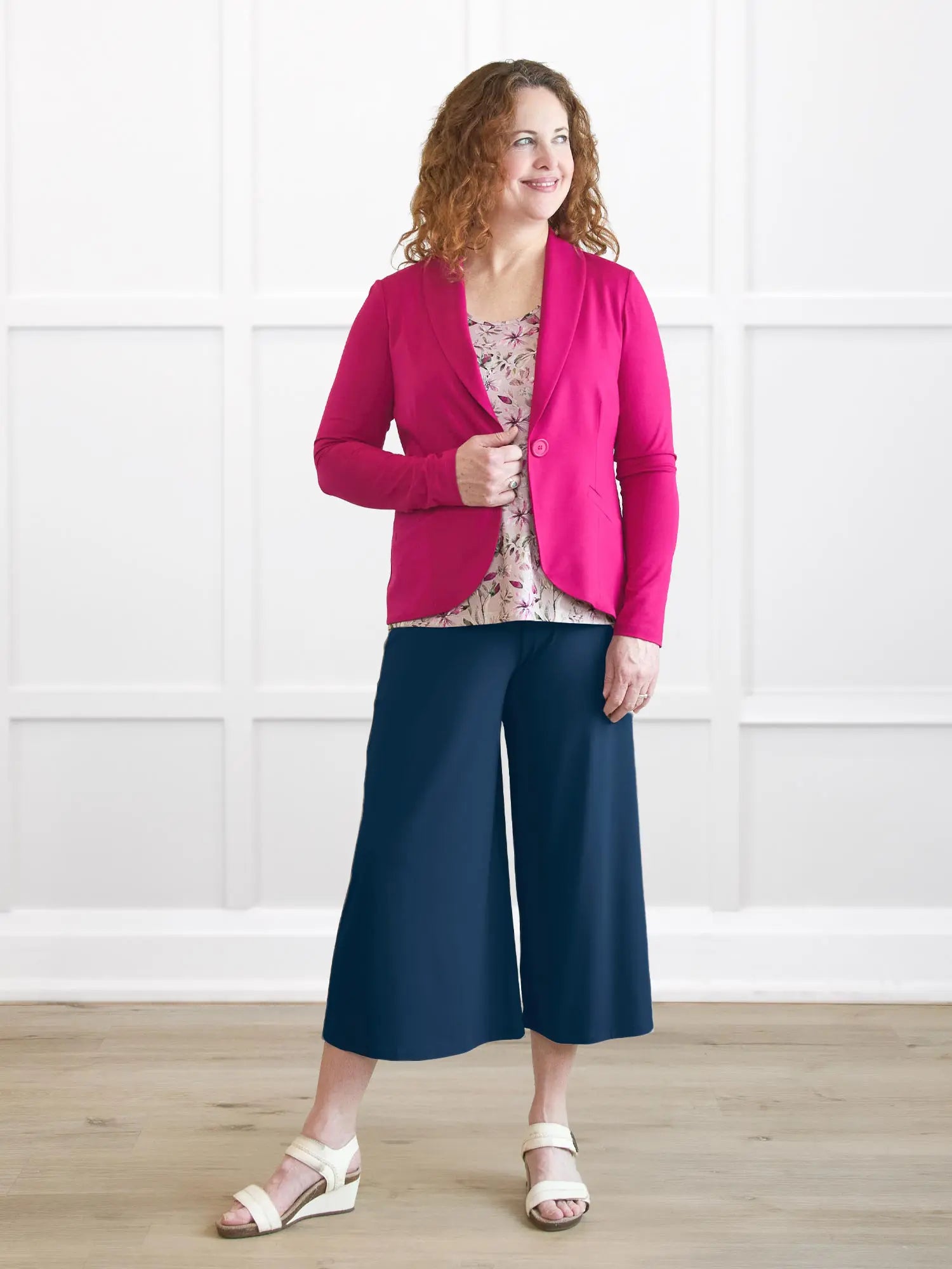 Emily soft stretchy blazer in Dragon fruit on model Melanie, size M Regular @Melanie-M-regular