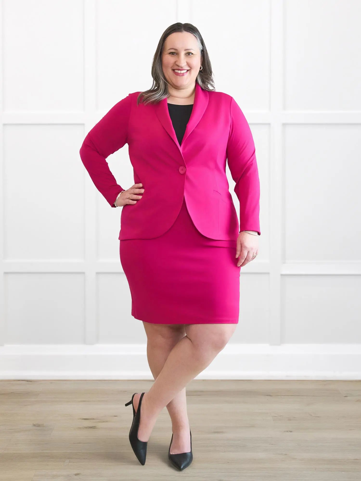 Emily soft stretchy blazer for women in Dragon fruit on model Cristina, size XXL Regular @Cristina-XXL-regular