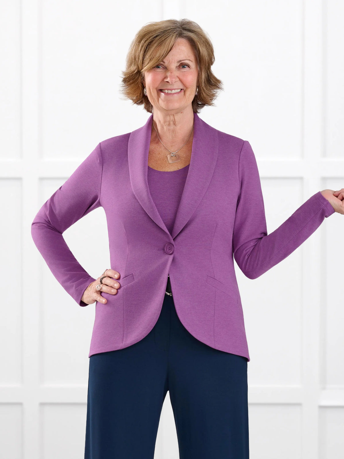 Emily soft stretchy blazer for women in Lupin melange on model Donna, size S Regular @Donna-S-regular