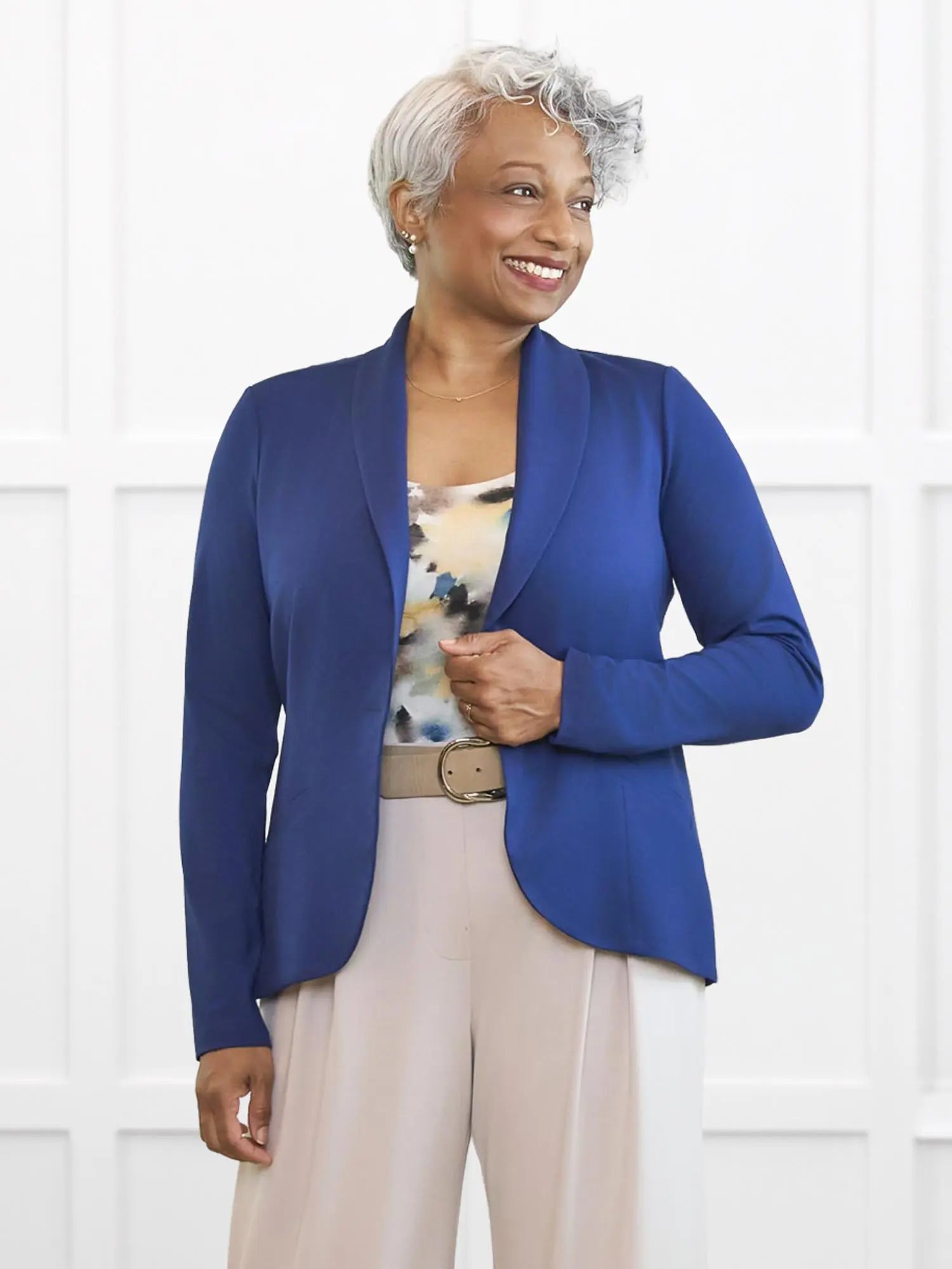 Emily soft stretchy blazer for women in Marine blue on model Keethai, size M Regular @Keethai-M-regular