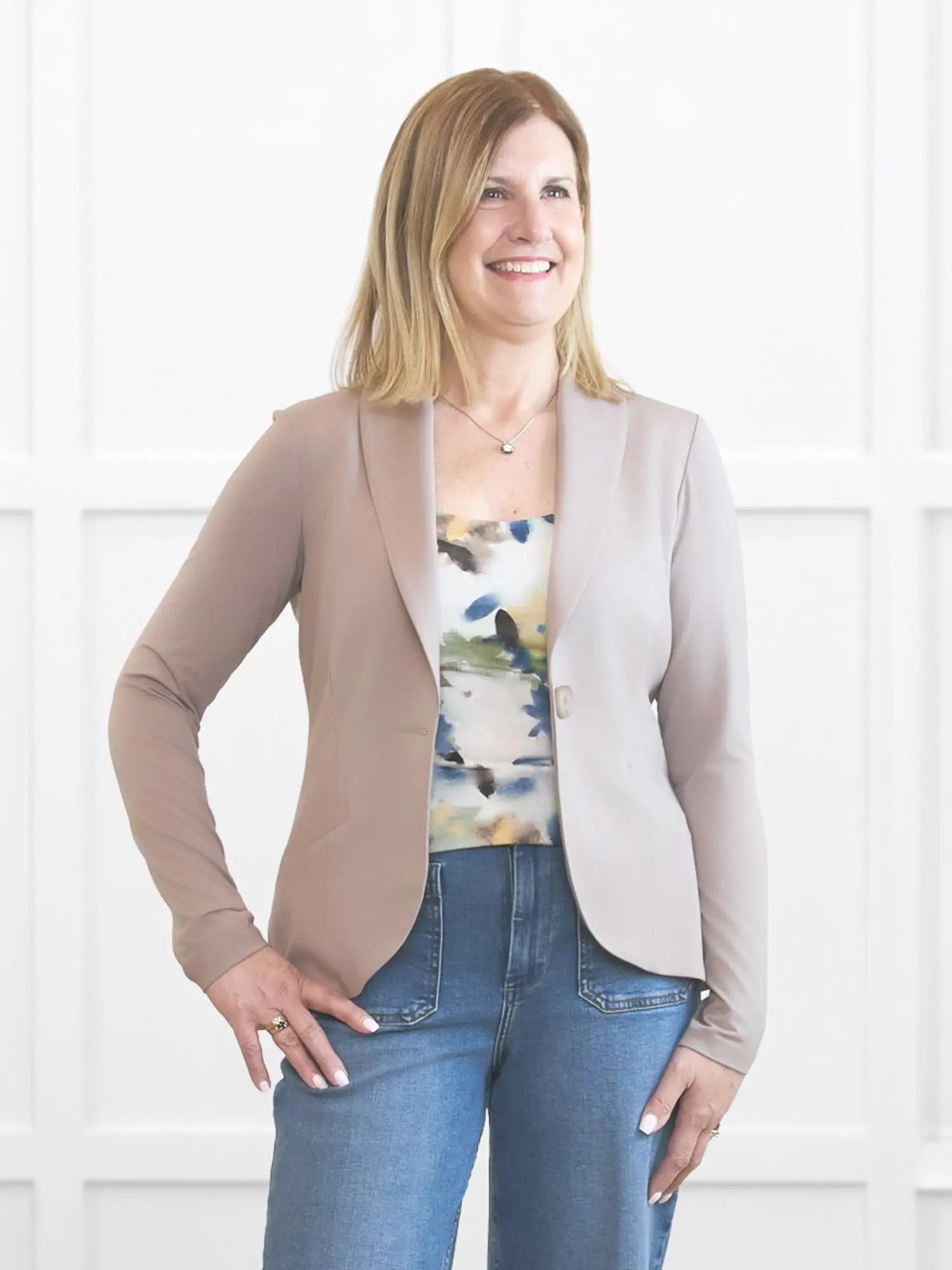 Emily soft stretchy blazer for women in Portobello on model Natasha, size S Regular @Natasha-S-regular