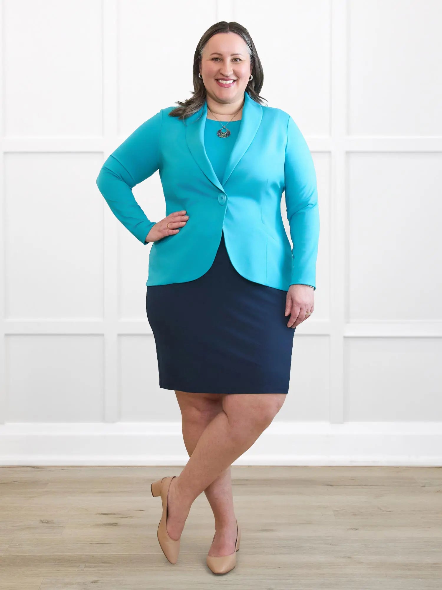 Emily soft stretchy blazer for women in Sea glass on model Cristina, size XXL Regular @Cristina-XXL-regular