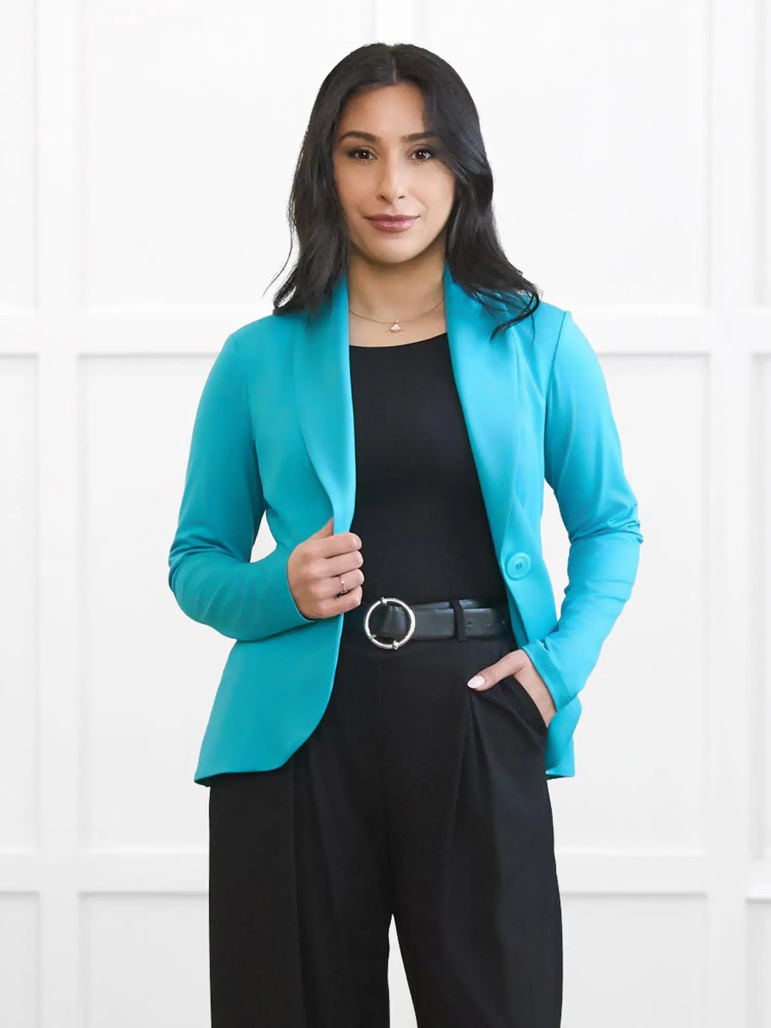Emily soft stretchy blazer for women in Sea glass on model Yasmine, size XS Petite @Yasmine-XS-petite