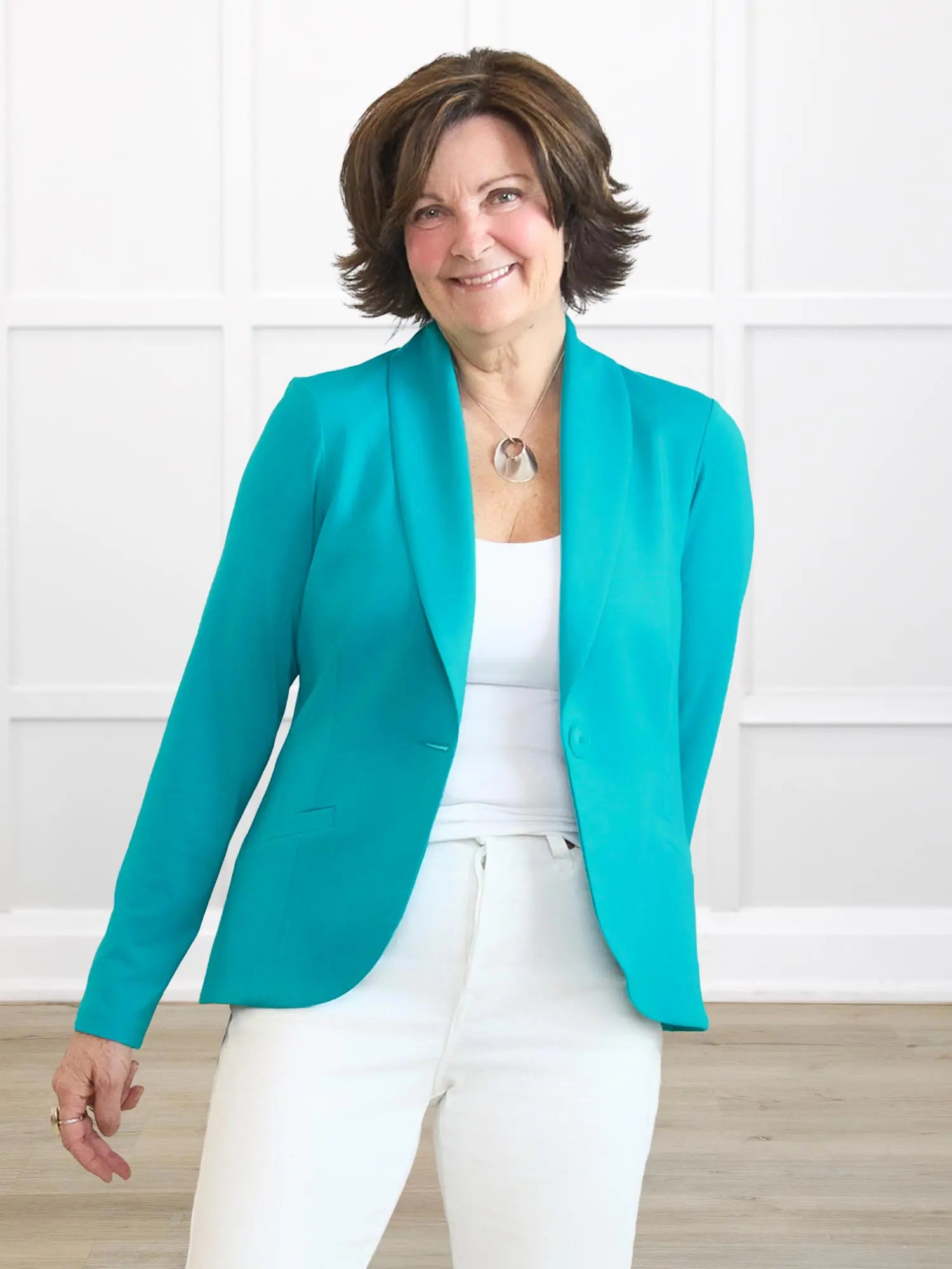 Emily soft stretchy blazer for women in Sea glass on model Donna, size S @Donna-S-regular