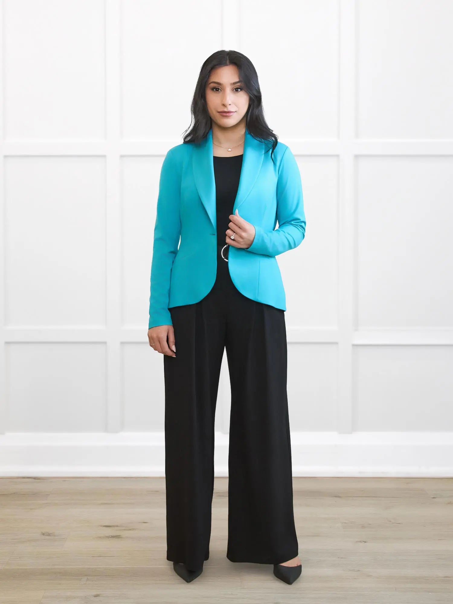 Emily soft stretchy blazer for women in Sea glass on model Yasmine, size XS Petite @Yasmine-XS-petite