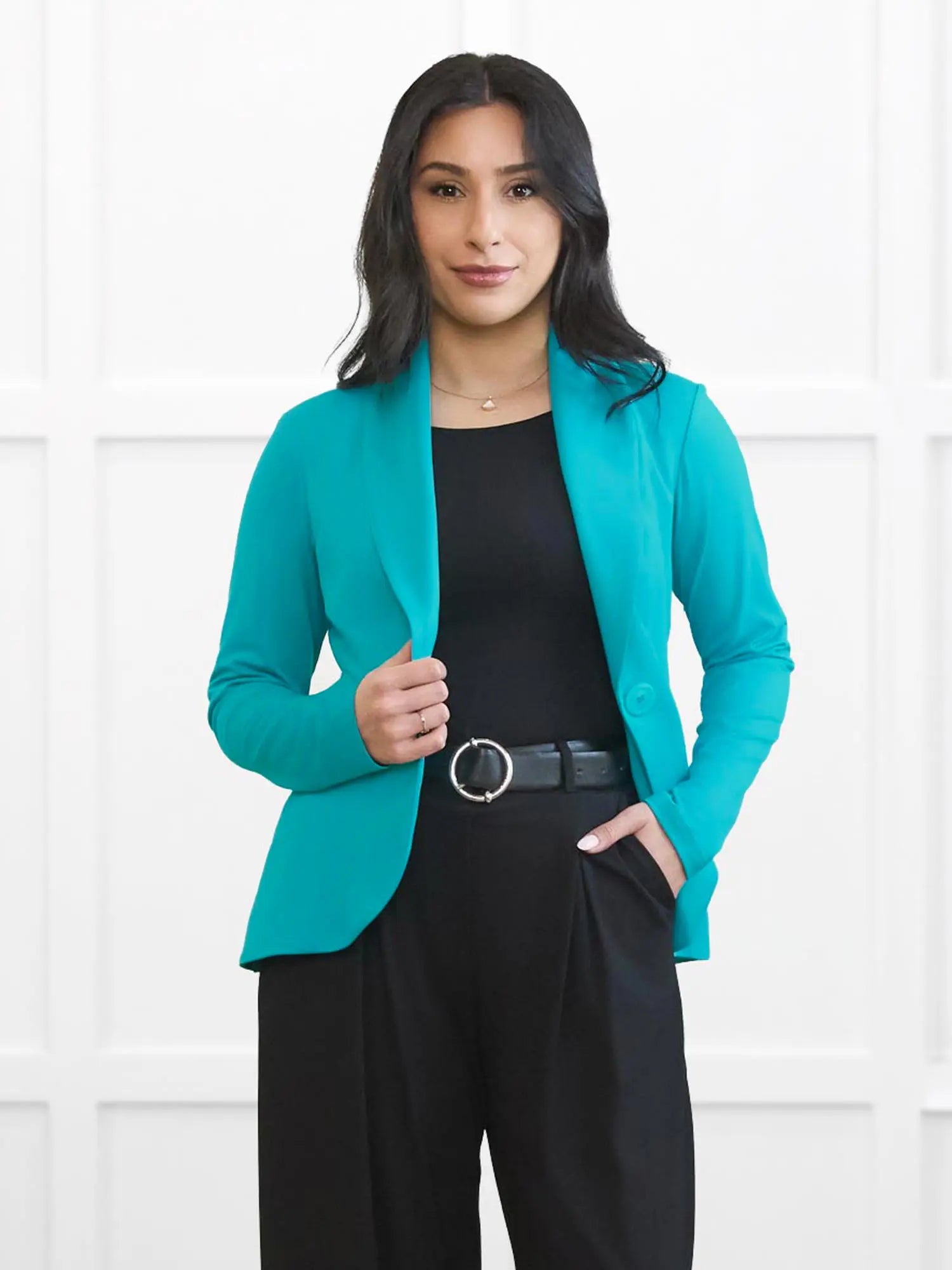 Emily soft stretchy blazer for women in Sea glass on model Yasmine, size XS @Yasmine-XS-petite