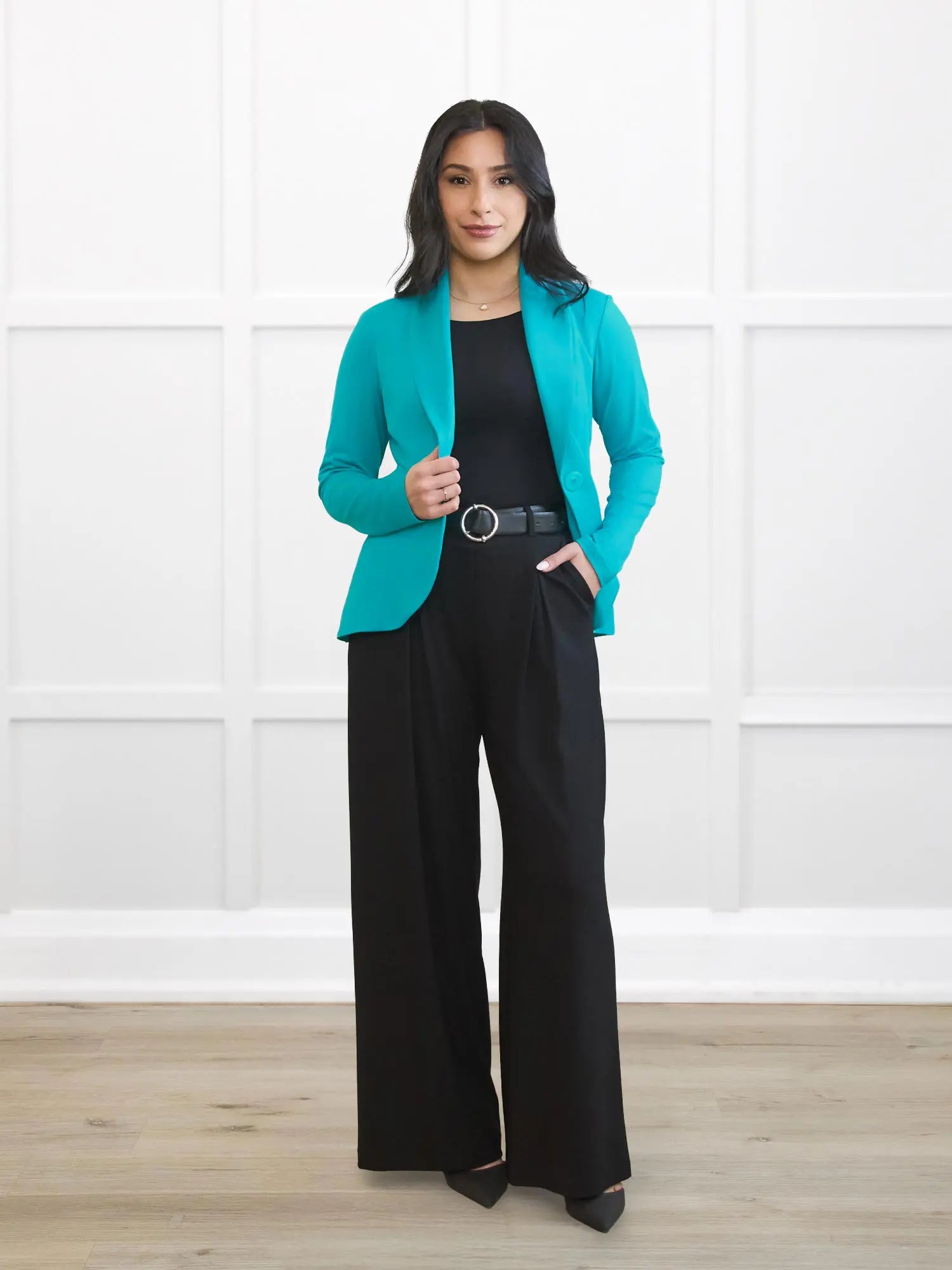 Emily soft stretchy blazer for women in Sea glass on model Yasmine, size XS @Yasmine-XS-petite
