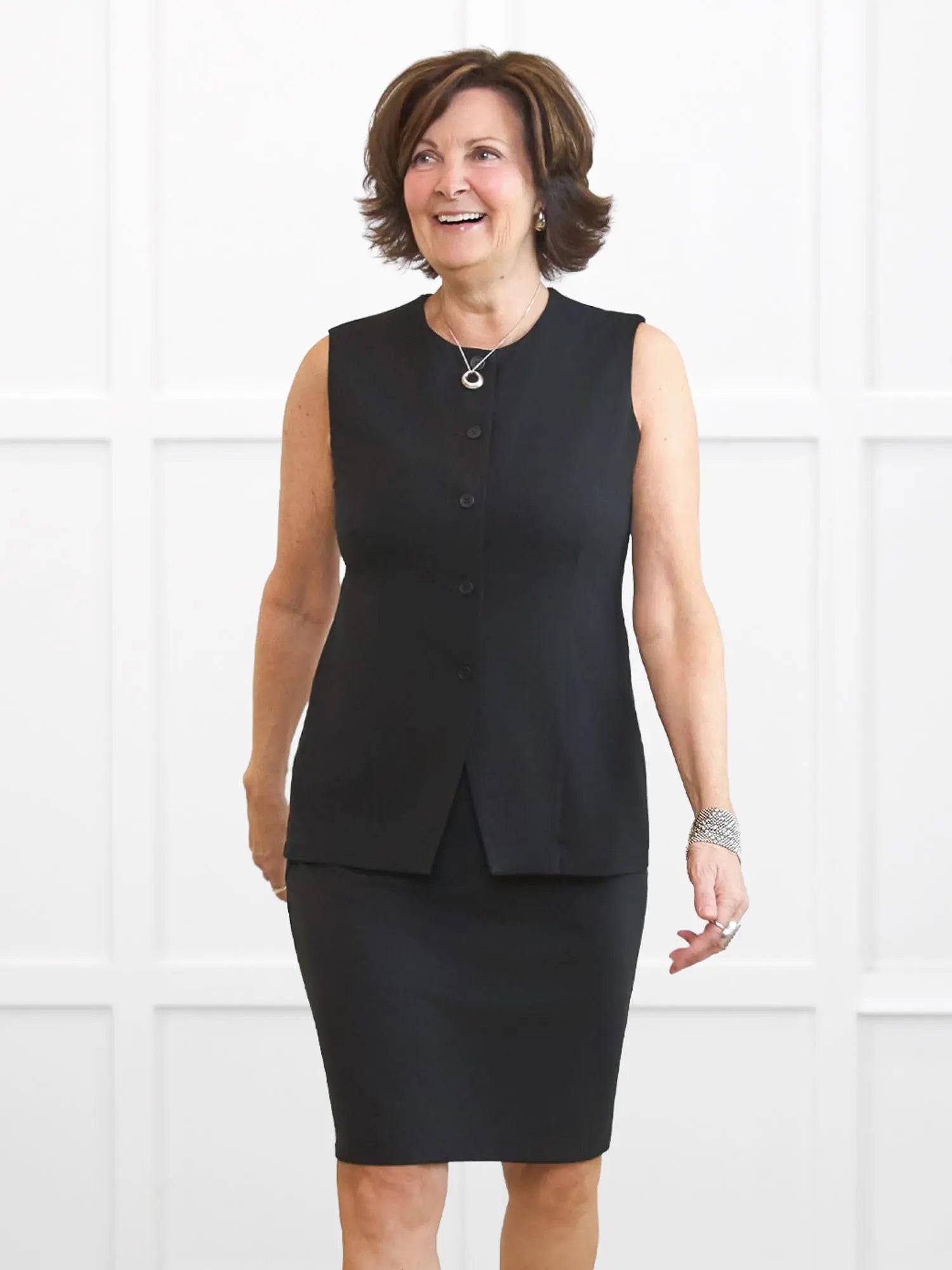 Enid pull on ponte pencil skirt for women in Black on model Donna, size S @Donna-S