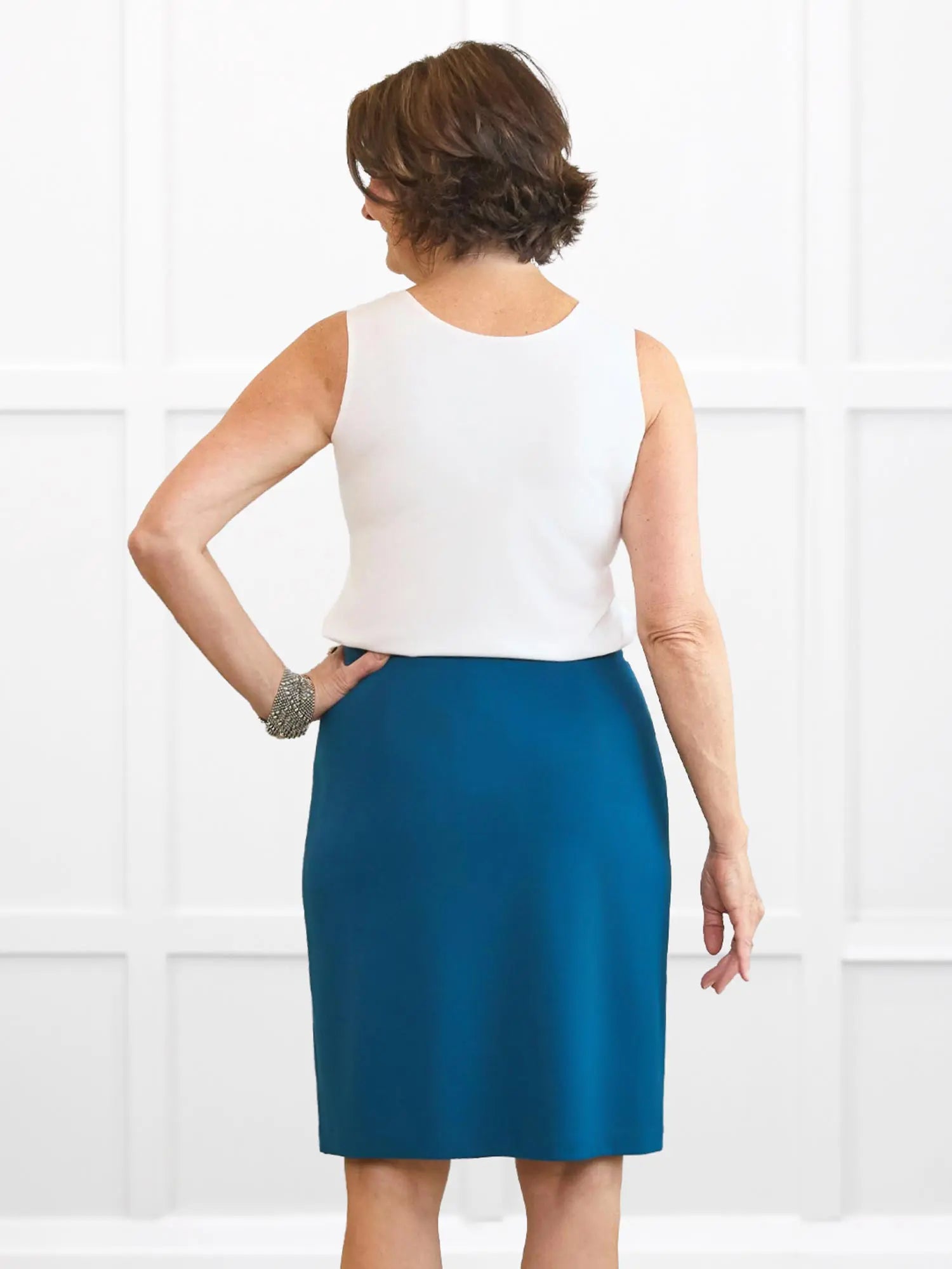 Enid pull on ponte pencil skirt for women in Moroccan blue on model Donna, size S @Donna-S