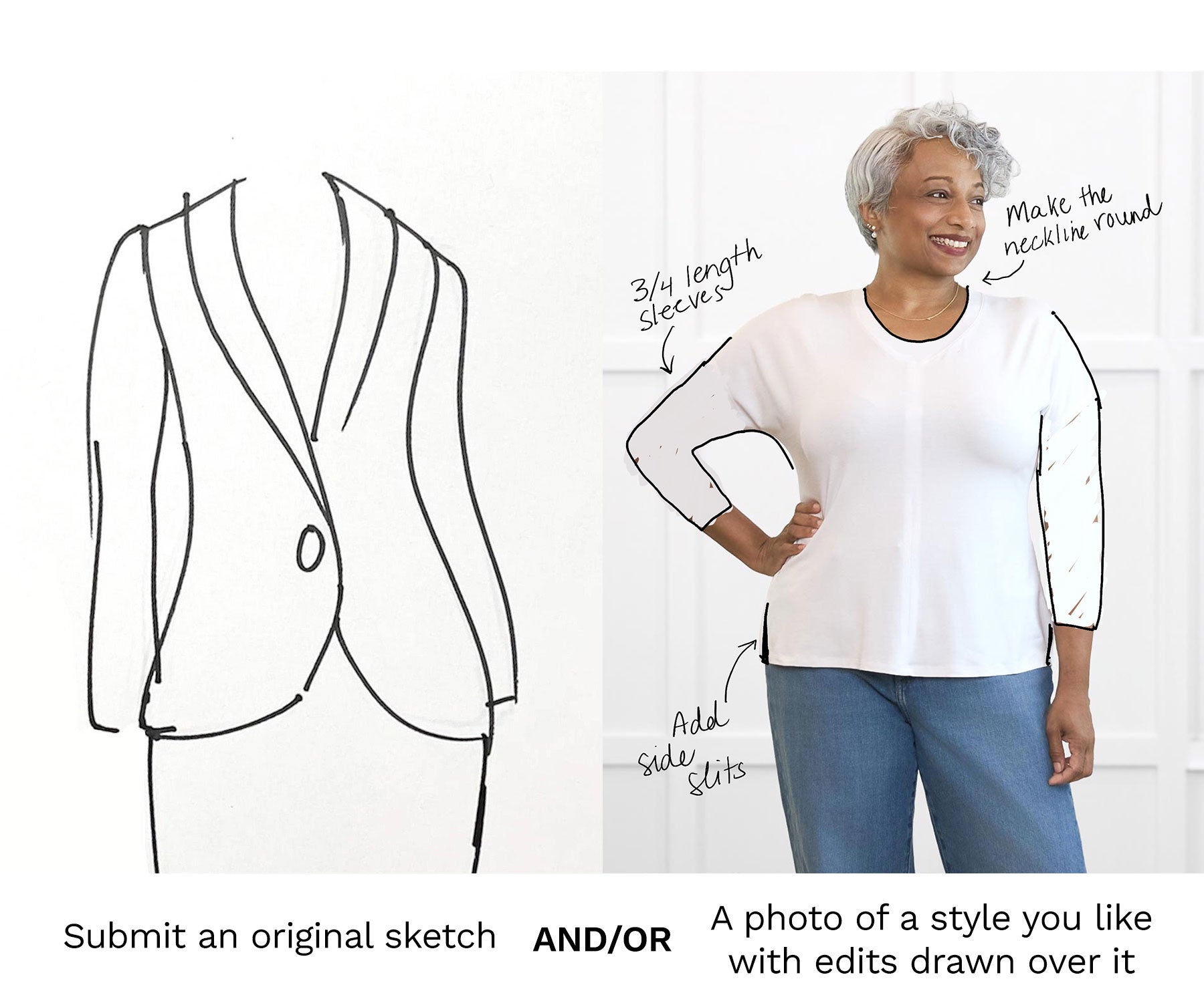 Two examples of entry styles into Miik's design contest: On the right, a woman wearing a white top with sketched design changes over top, and on the left a line drawing of a suit jacket