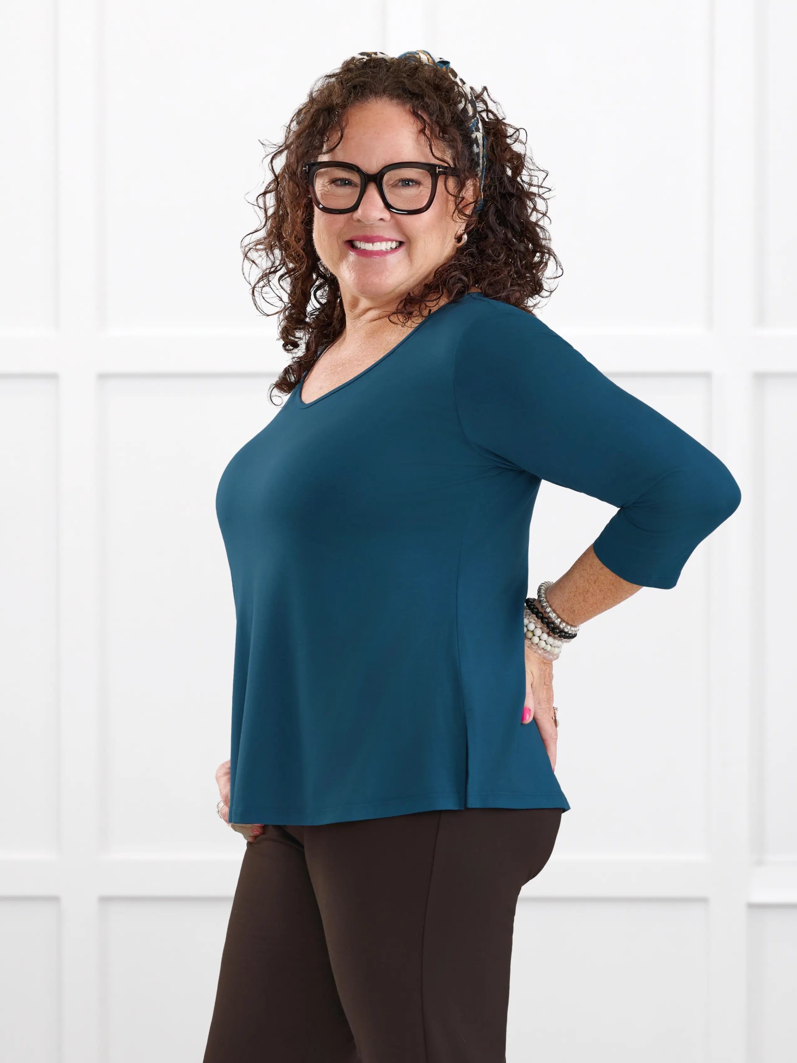 Fran reversible neckline sleeve top for women in Atlantic on model Kerri, size M @Kerri-M