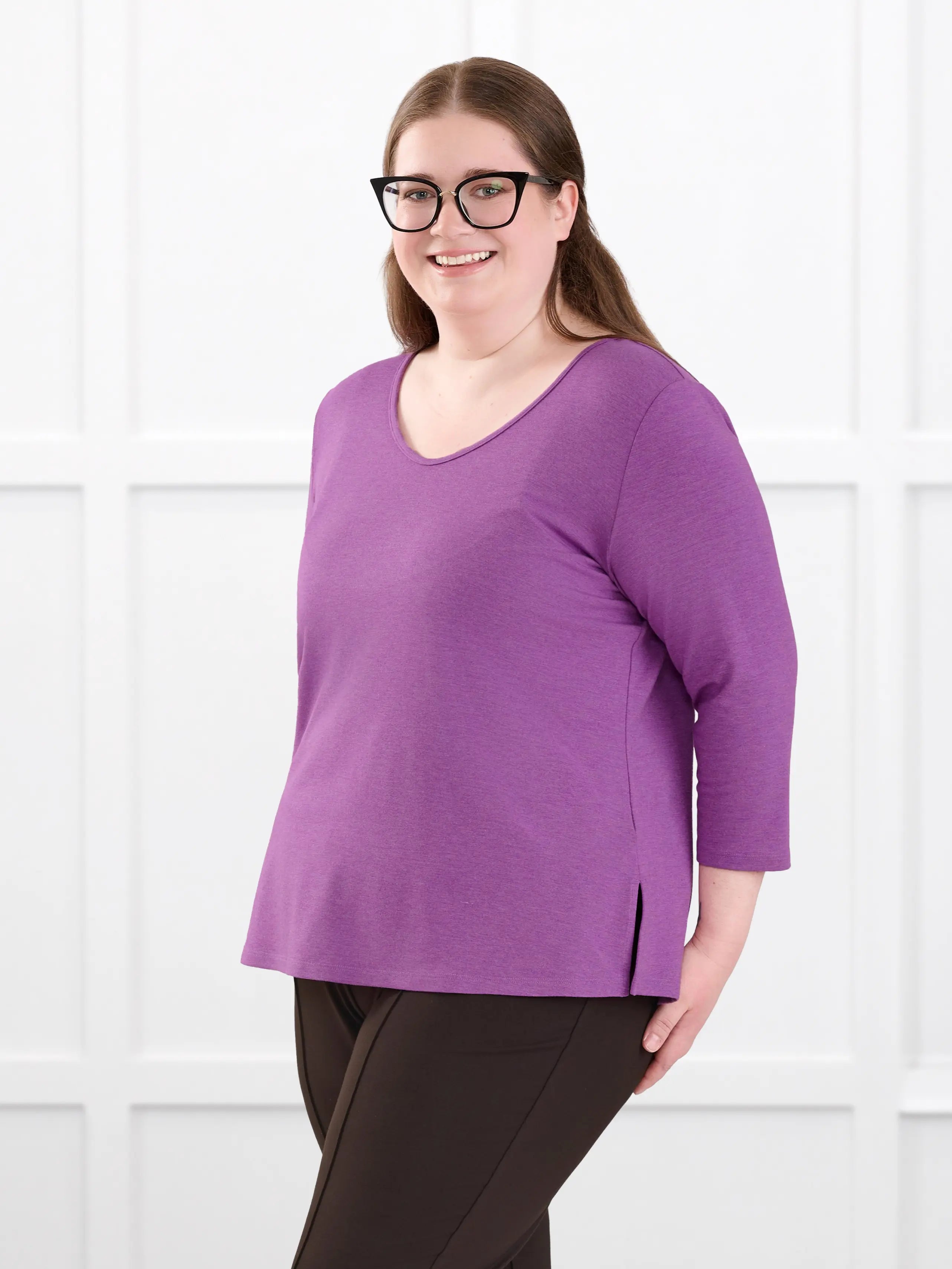 Fran reversible neckline sleeve top for women in Lupin melange on model Bri, size XL @Bri-XL