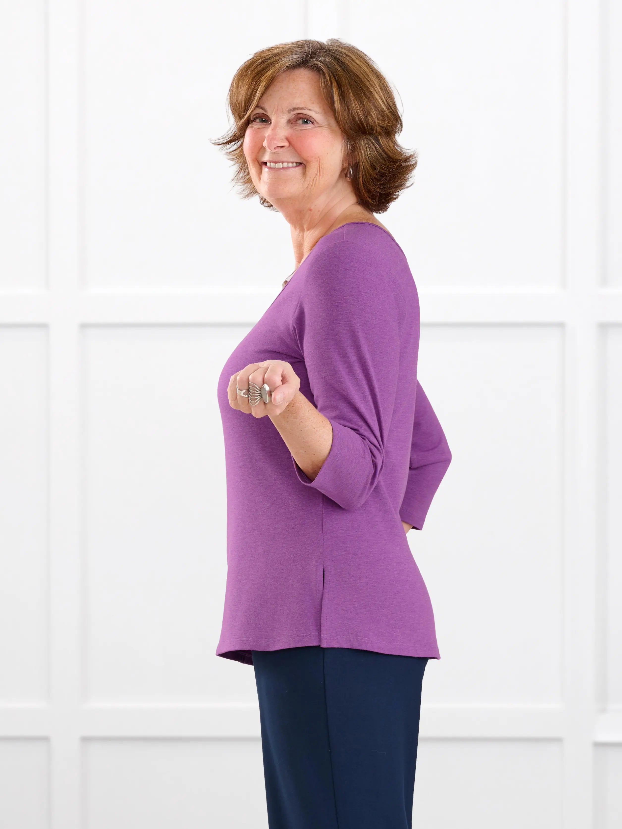 Fran reversible neckline sleeve top for women in Lupin melange on model Donna, size S @Donna-S