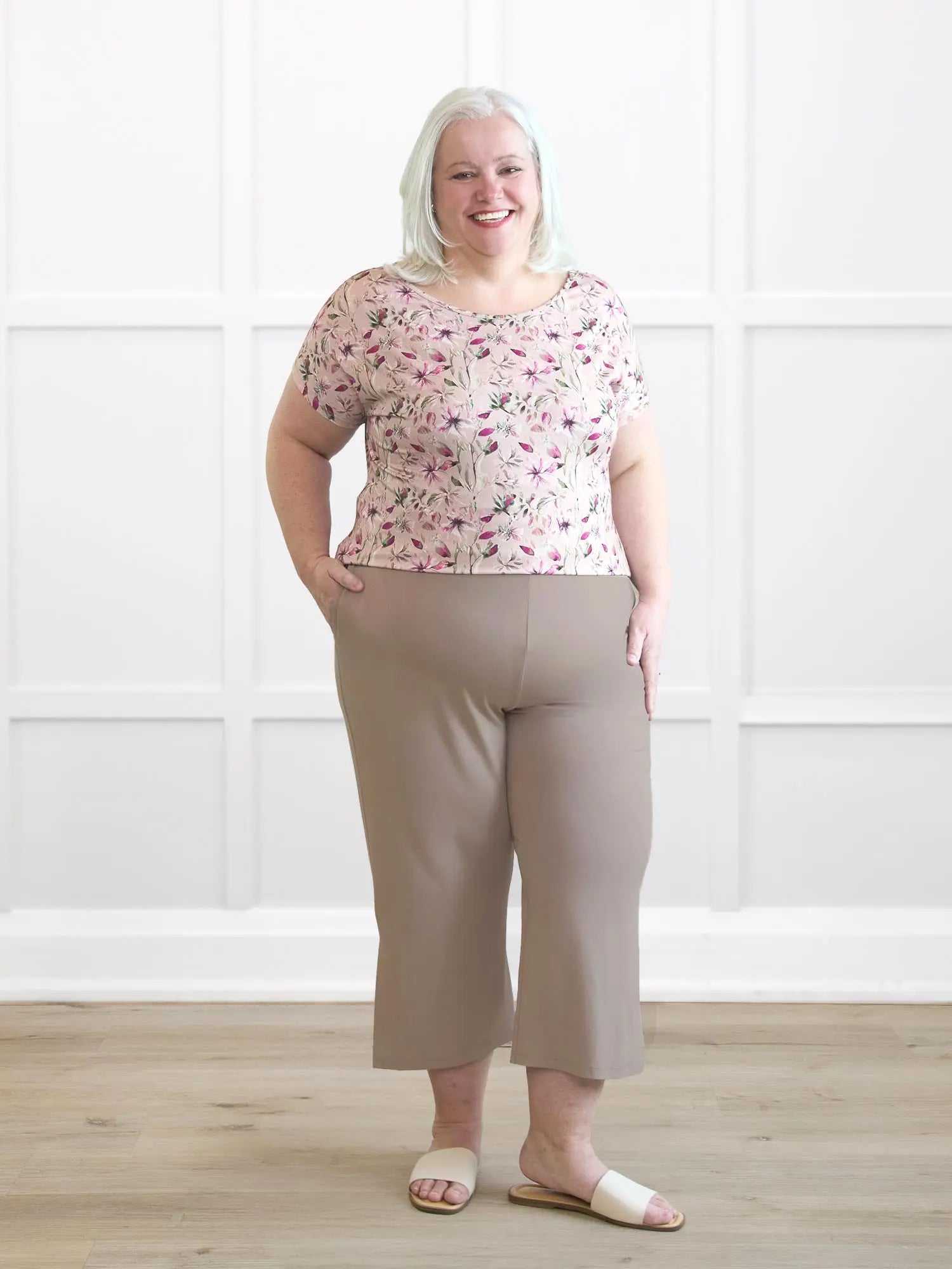 Gabby straight leg pocket capri pant 00 in Portobello on model Colleen, size XXL Petite @Colleen-XXL-petite