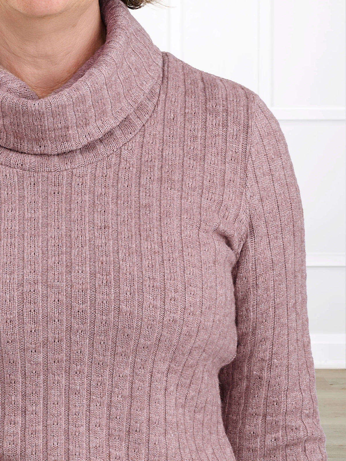Gail cowl neck ribbed pointelle sweater for women in Rose pink