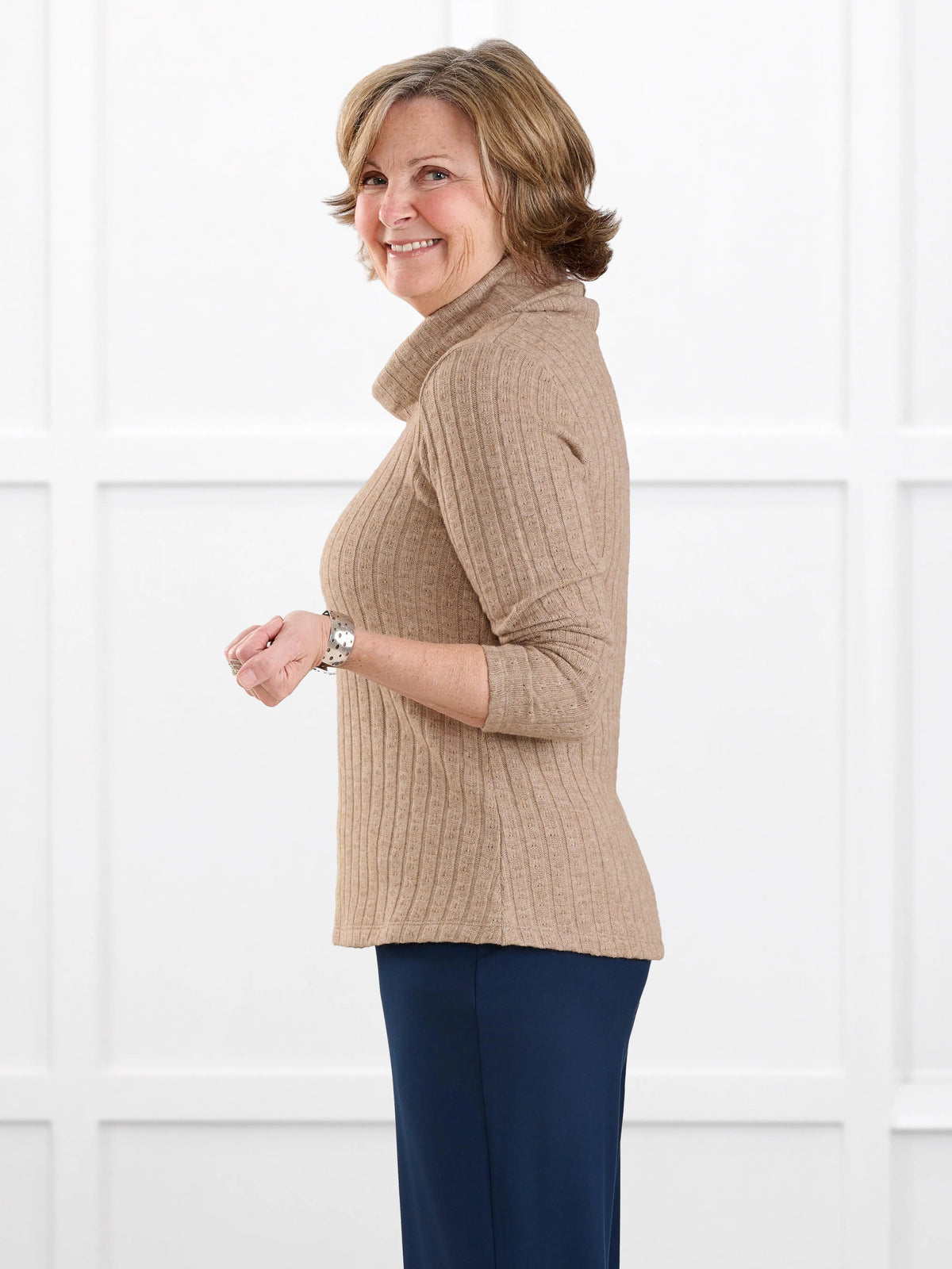 Gail cowl neck ribbed pointelle sweater for women in Brown sugar on model Donna, size S @Donna-S