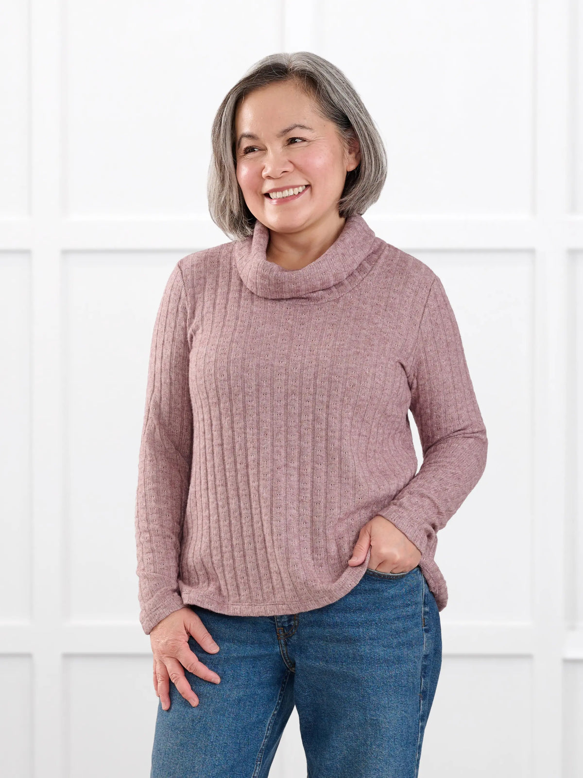 Gail cowl neck ribbed pointelle sweater for women in Rose pink on model Terry, size S @Terry-S