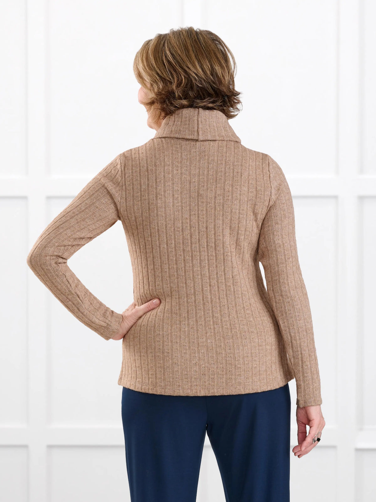 Gail cowl neck ribbed pointelle sweater for women in Brown sugar on model Donna, size S @Donna-S