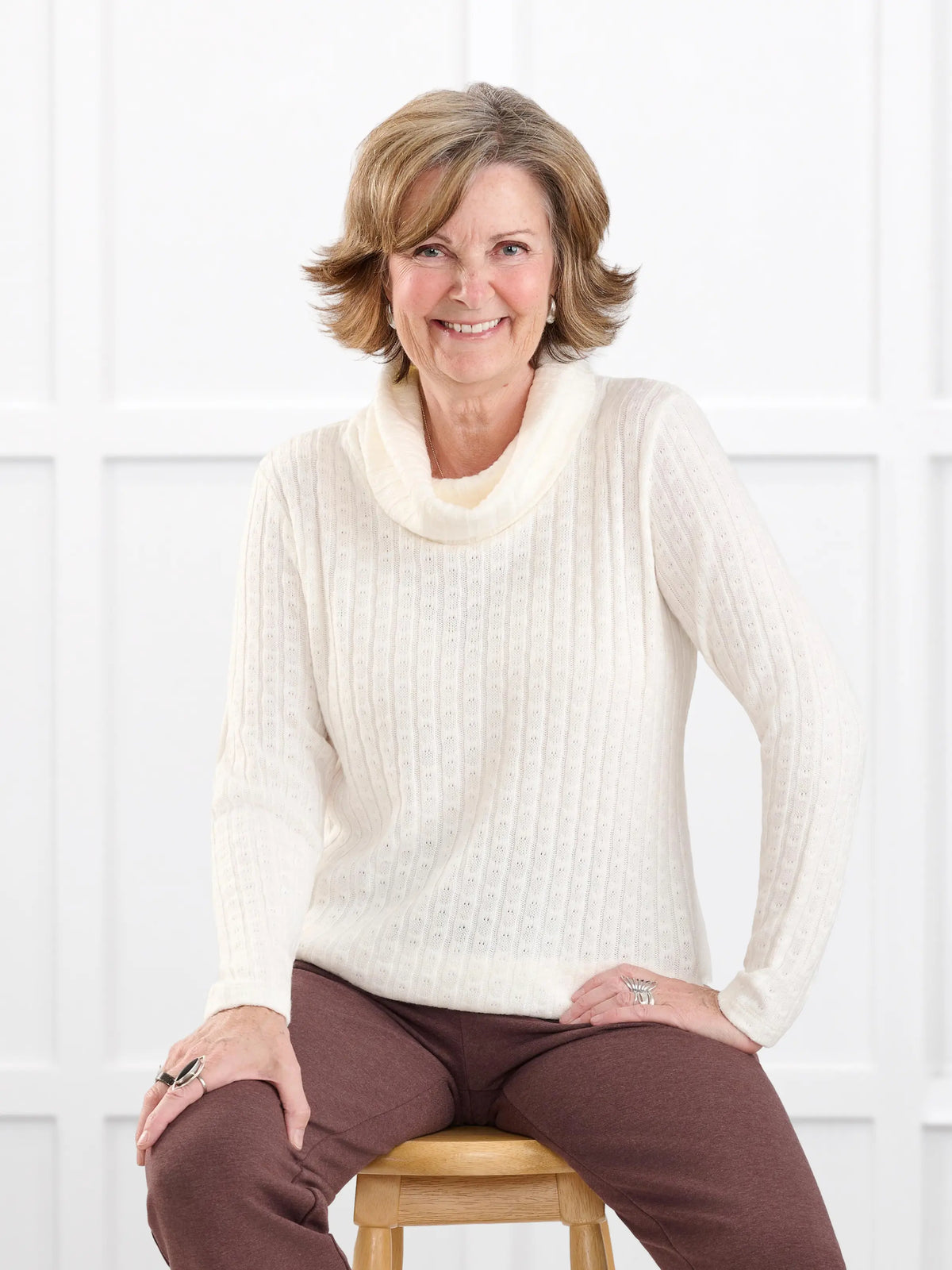 Gail cowl neck ribbed pointelle sweater for women in Ivory on model Donna, size S @Donna-S
