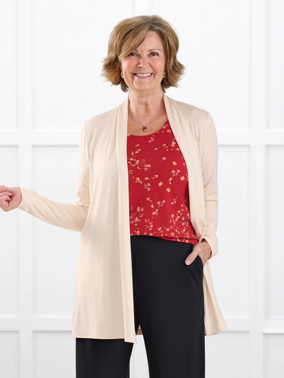 Georgina shawl collar pocket cardigan for women in Shortbread on model Donna, size S @Donna-S
