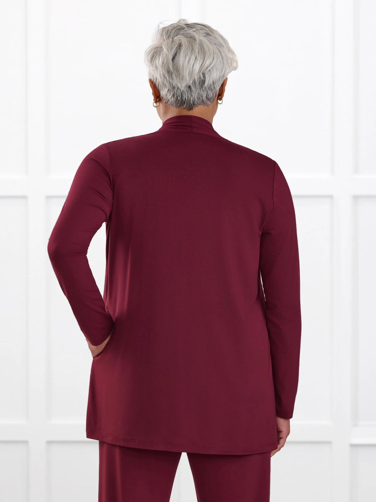 Georgina shawl collar pocket cardigan for women in Merlot on model Keethai, size M @Keethai-M