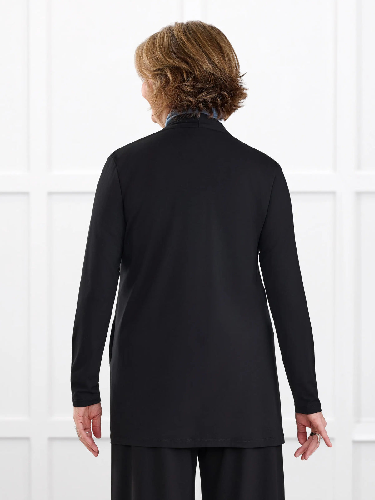 Georgina shawl collar pocket cardigan for women in Black on model Donna, size S @Donna-S