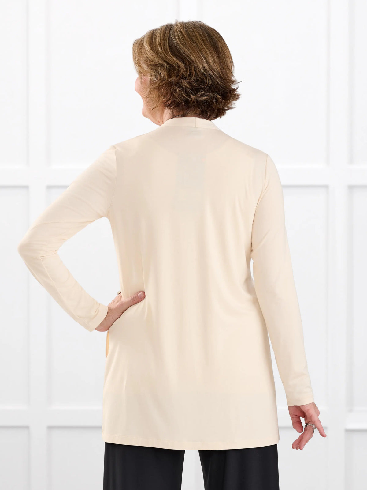 Georgina shawl collar pocket cardigan for women in Shortbread on model Donna, size S @Donna-S