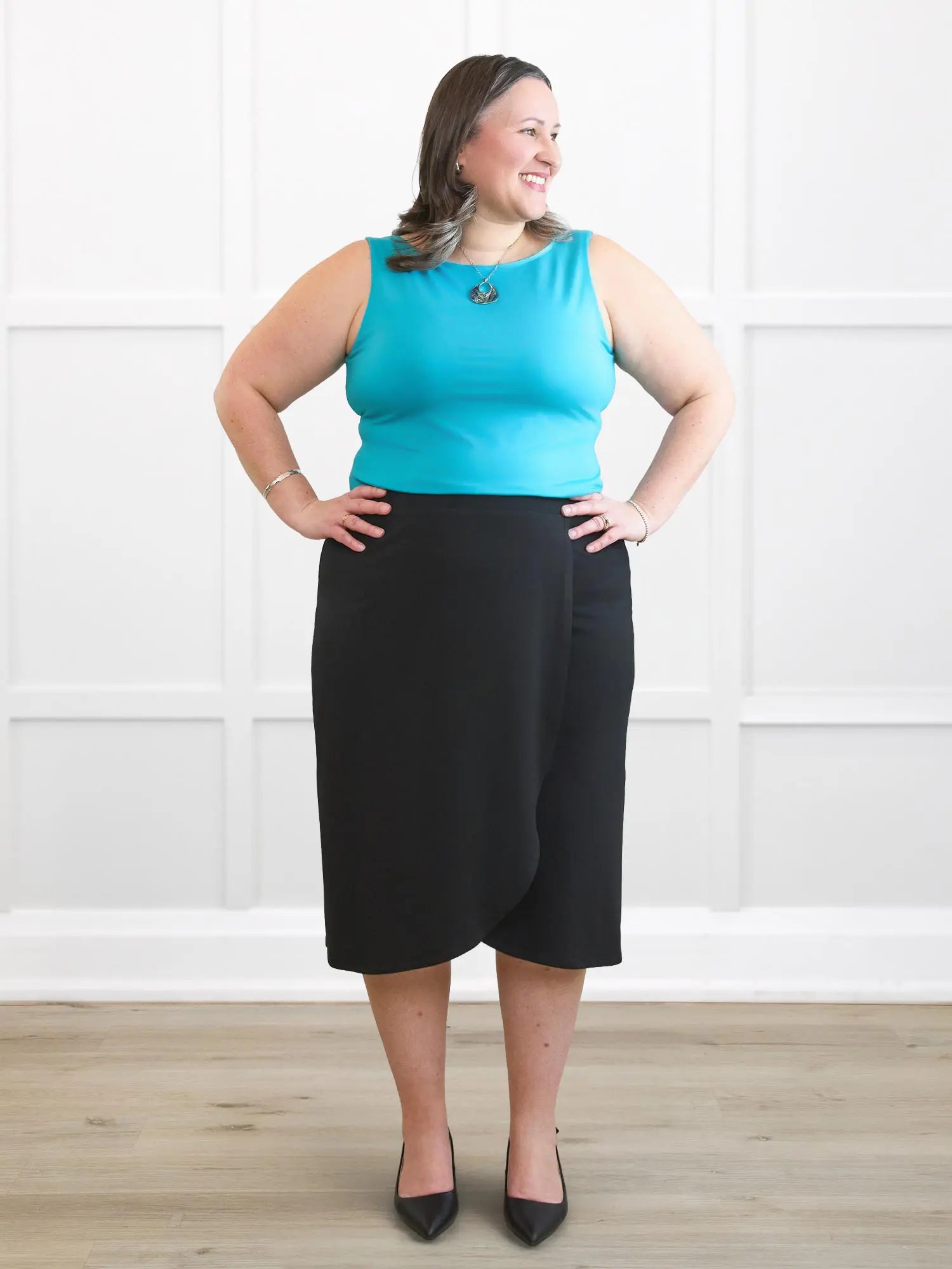 Ginny faux wrap midi skirt for women in Black on model Cristina, size XXL Regular @Cristina-XXL-petite