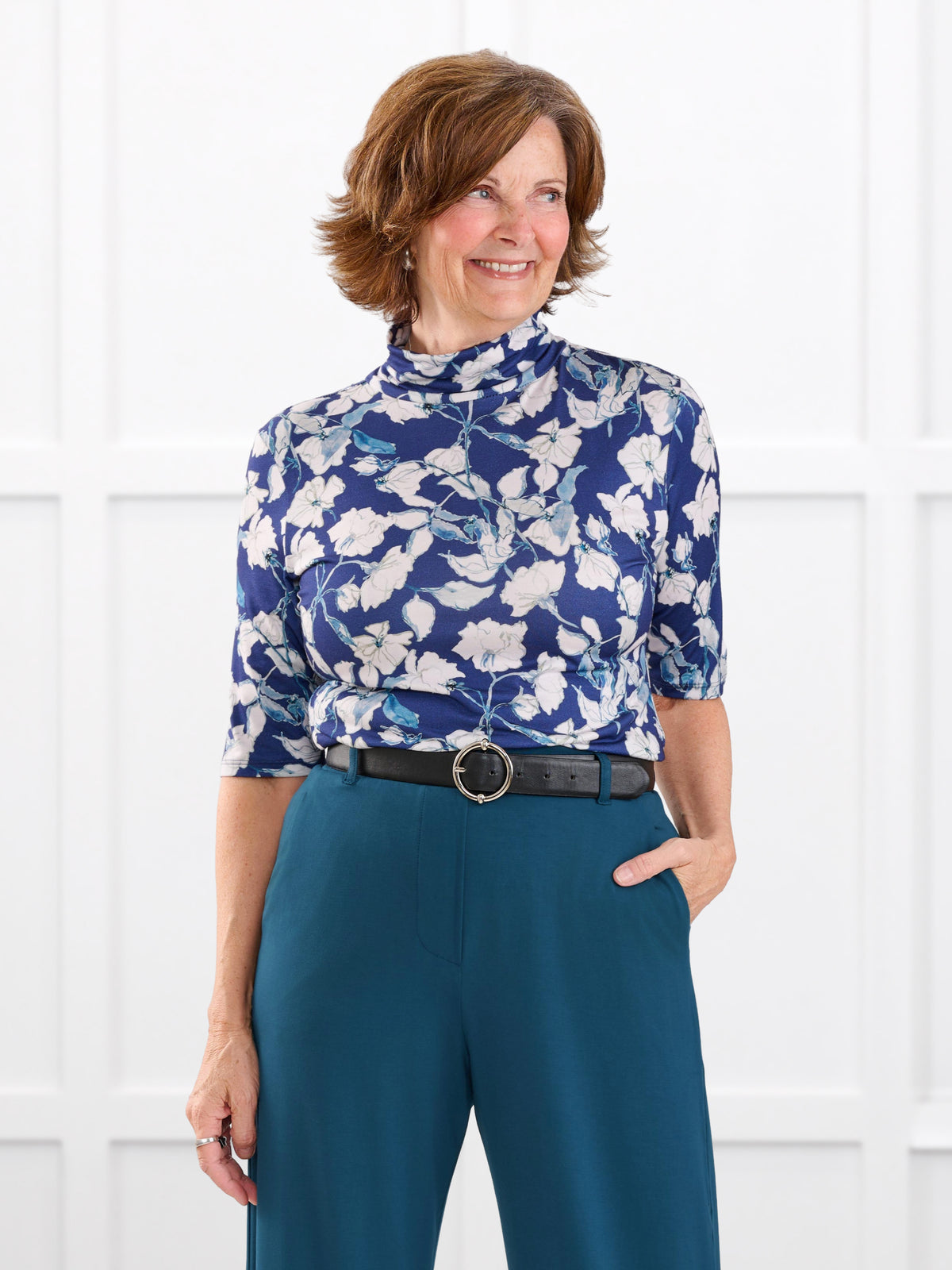 Halima half sleeve turtleneck top for women in Indigo bloom on model Donna, size S @Donna-S
