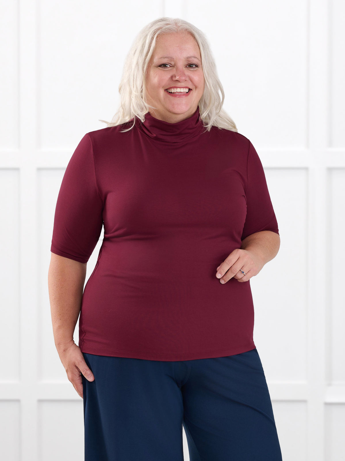 Halima half sleeve turtleneck top for women in Merlot on model Colleen, size XXL @Colleen-XXL