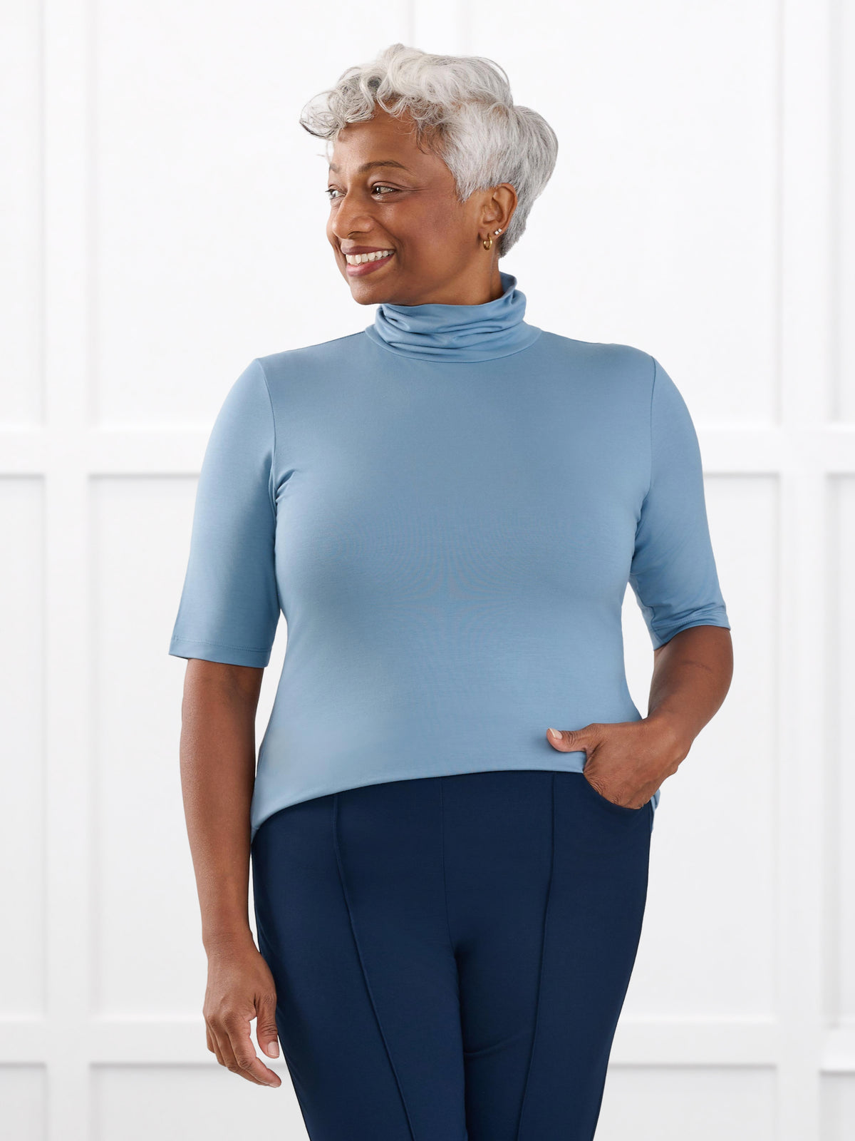 Halima half sleeve turtleneck top for women in Steel blue on model Keethai, size M @Keethai-M