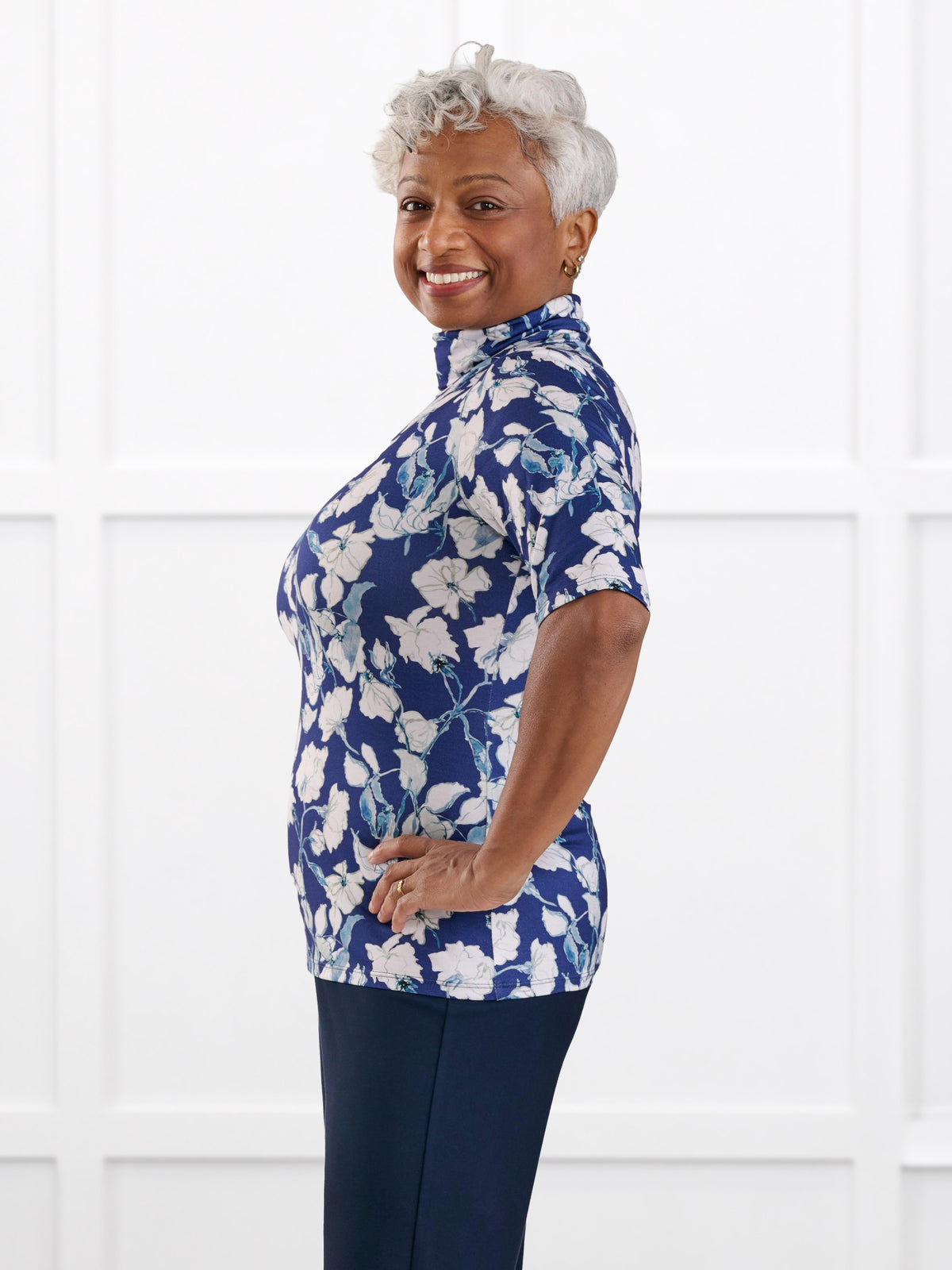 Halima half sleeve turtleneck top for women in Indigo bloom on model Keethai, size M @Keethai-M