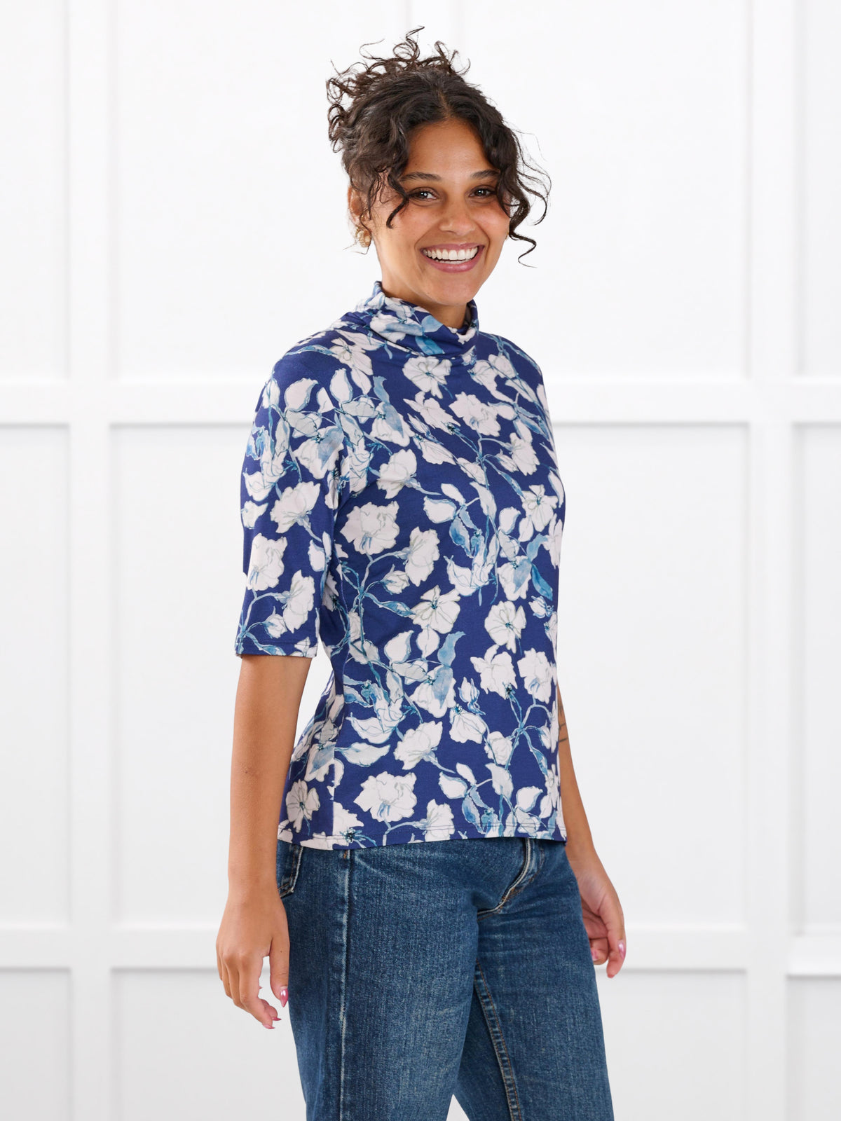 Halima half sleeve turtleneck top for women in Indigo bloom on model Meron, size XS @Meron-XS