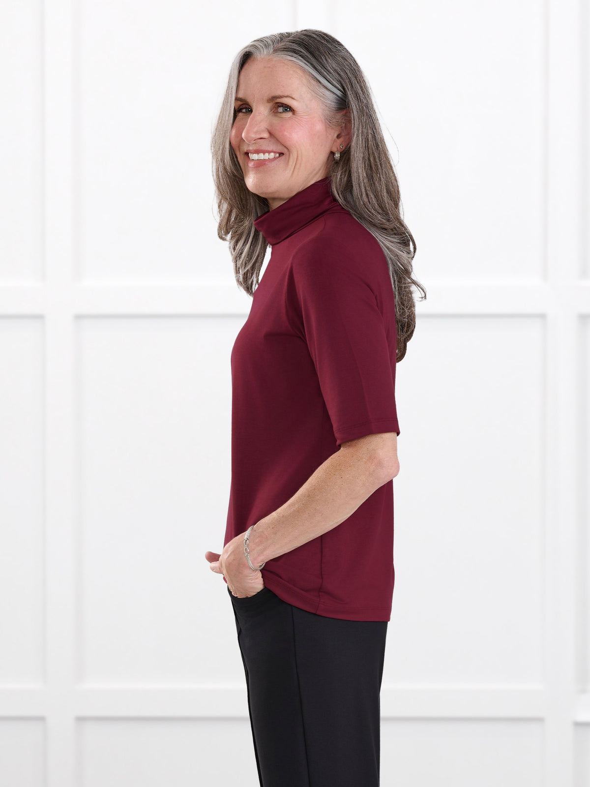 Halima half sleeve turtleneck top for women in Merlot on model Jen, size XS @Jen-XS
