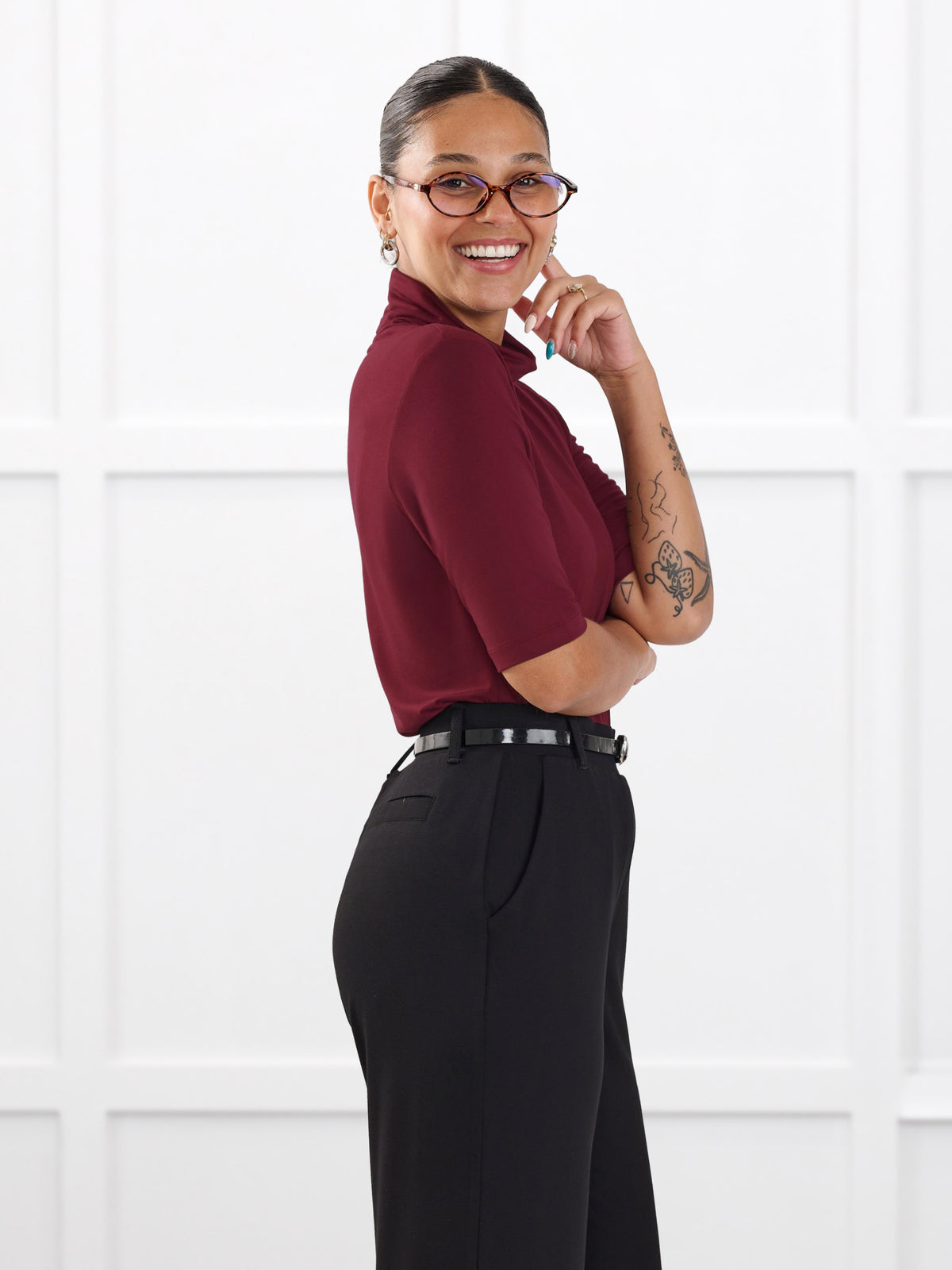 Halima half sleeve turtleneck top for women in Merlot on model Meron, size XS @Meron-XS