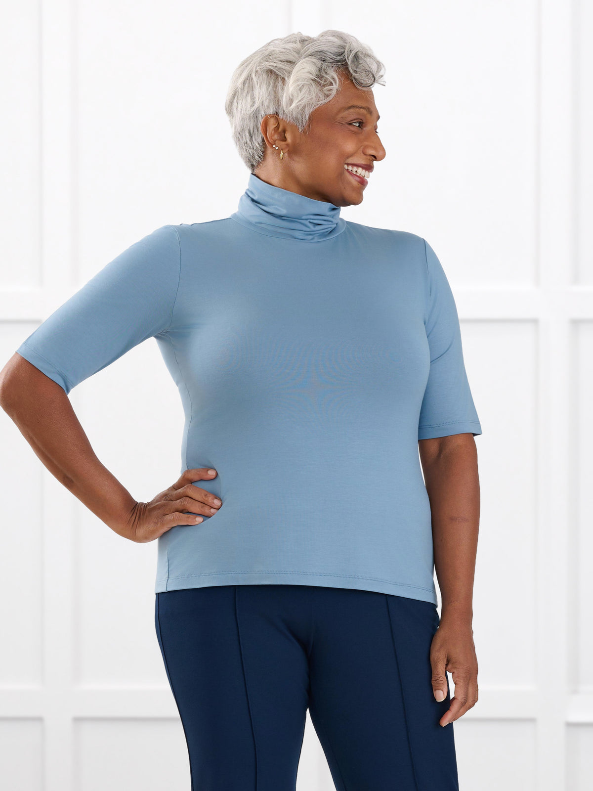 Halima half sleeve turtleneck top for women in Steel blue on model Keethai, size M @Keethai-M