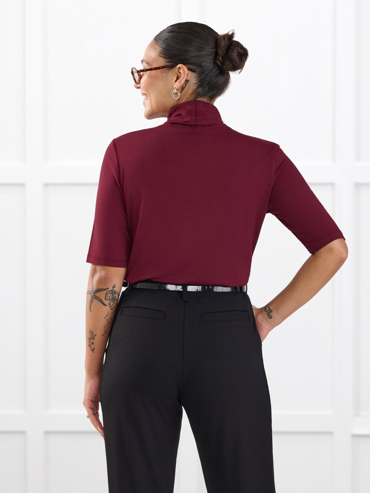 Halima half sleeve turtleneck top for women in Merlot on model Meron, size XS @Meron-XS