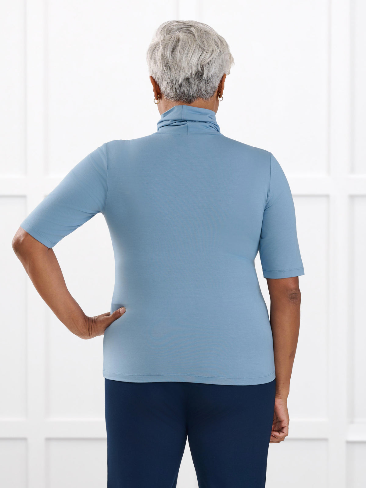 Halima half sleeve turtleneck top for women in Steel blue on model Keethai, size M @Keethai-M
