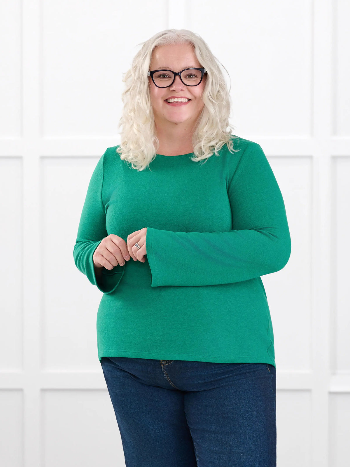 Irma lightweight sweater knit boatneck top for women in Kelly green on model Colleen, size XXL @Colleen-XXL