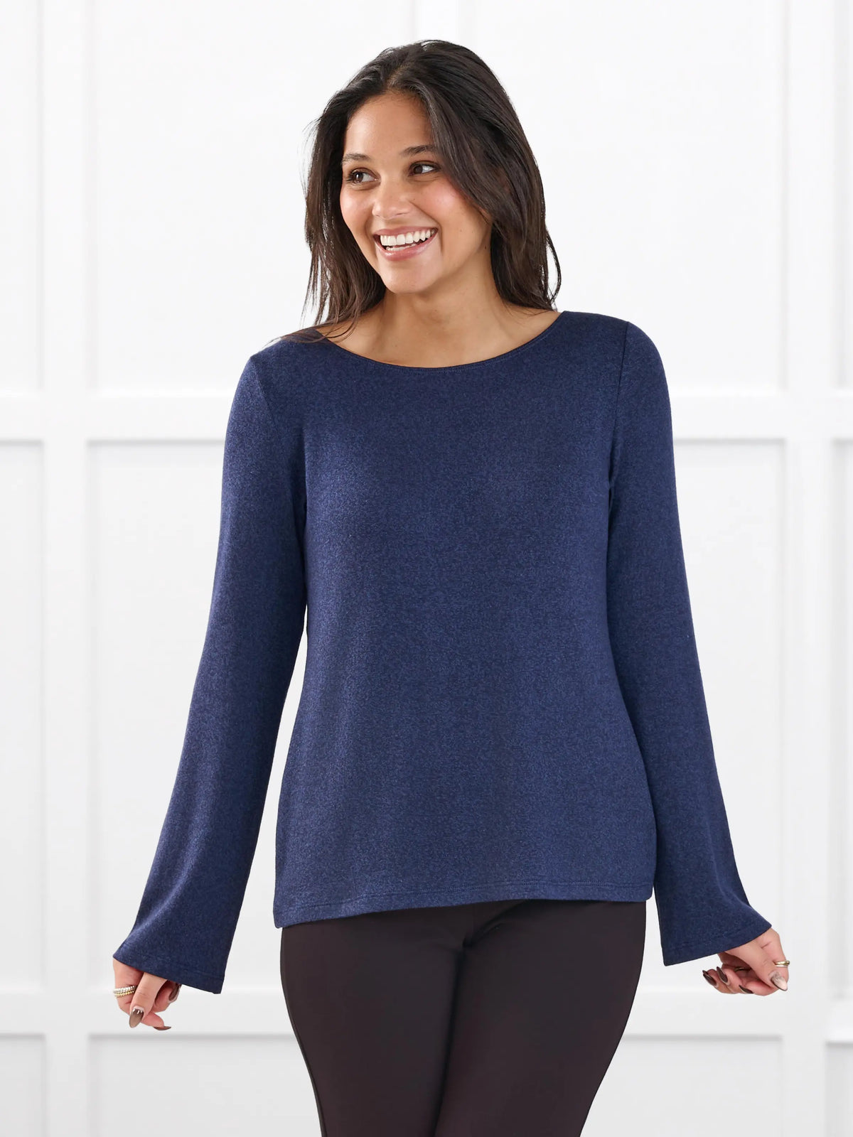 Irma lightweight sweater knit boatneck top for women in Midnight blue on model Meron, size XS @Meron-XS