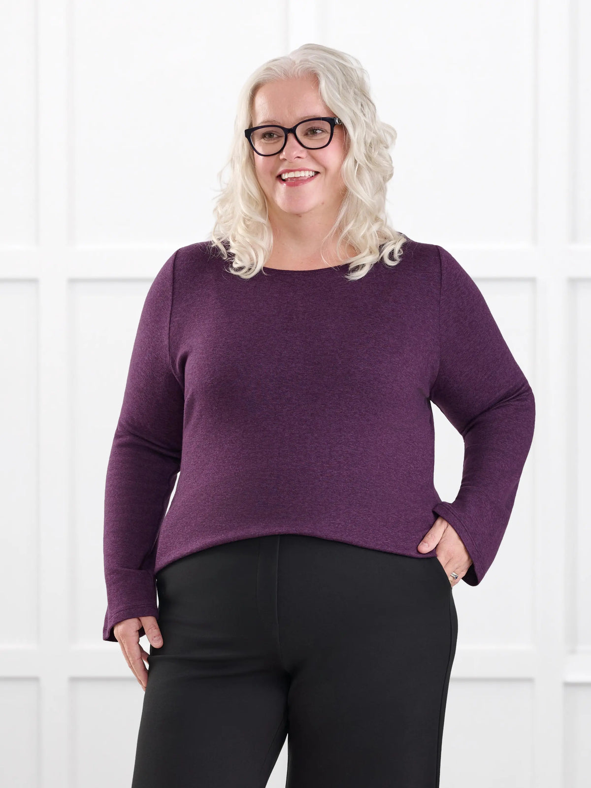 Irma lightweight sweater knit boatneck top for women in Blackcurrant on model Colleen, size XXL @Colleen-XXL