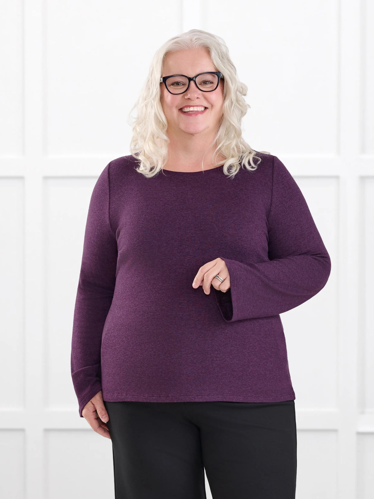 Irma lightweight sweater knit boatneck top for women in Blackcurrant on model Colleen, size XXL @Colleen-XXL